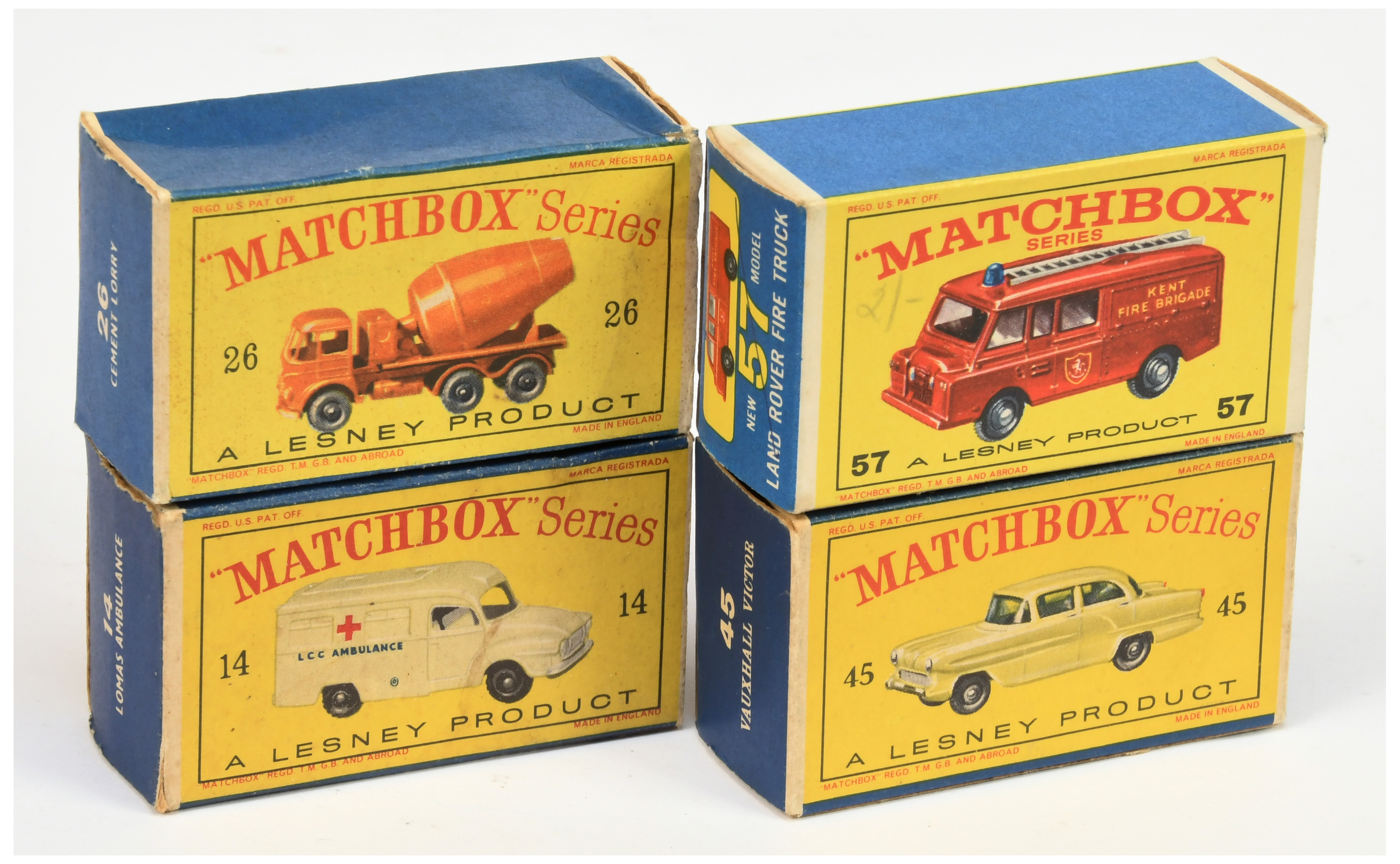 Matchbox Regular Wheels Empty Boxes Group Of 4 - (1) 14c Lomas "Ambulance", (2) 26b Foden Cement ...