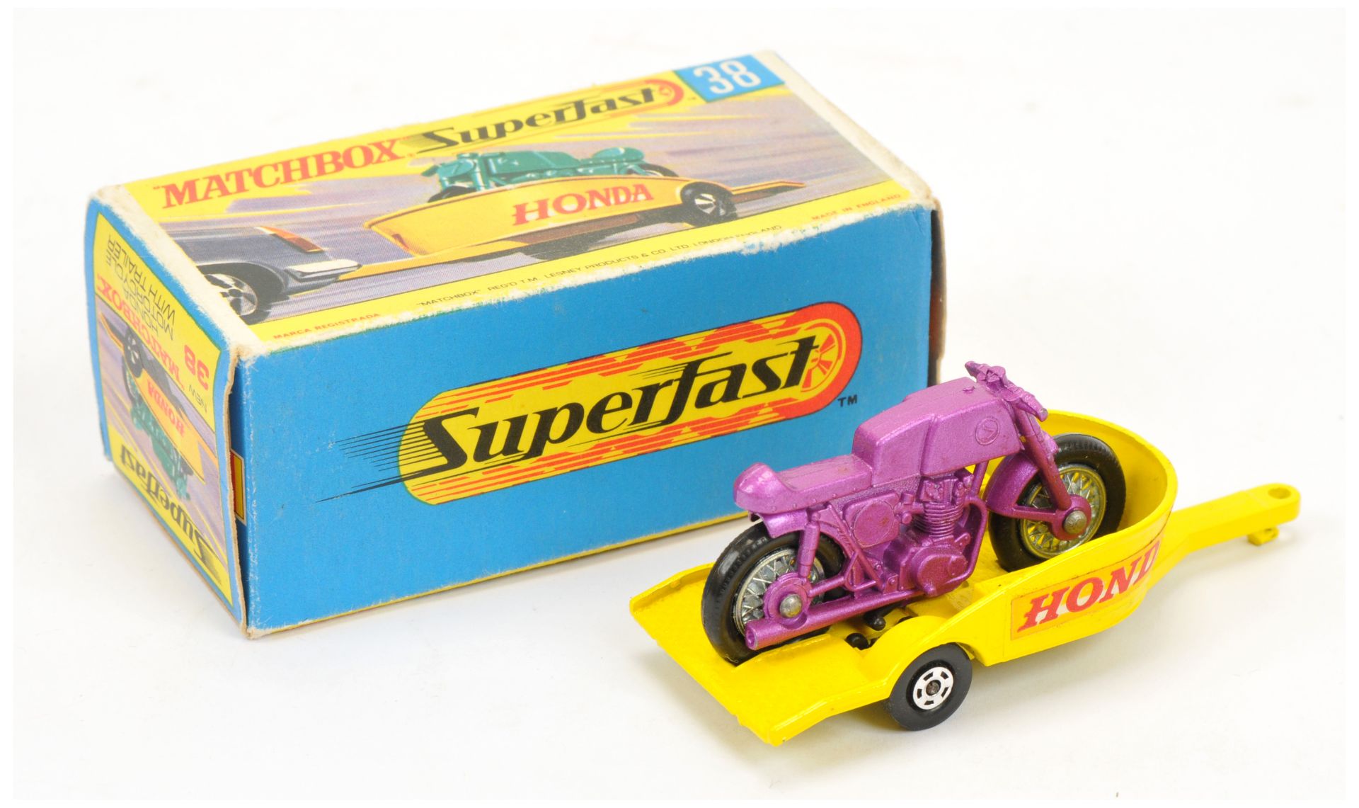 Matchbox Superfast 38a Honda Motorcycle & Trailer - metallic purple motorcycle, lemon yellow trai... - Image 2 of 2