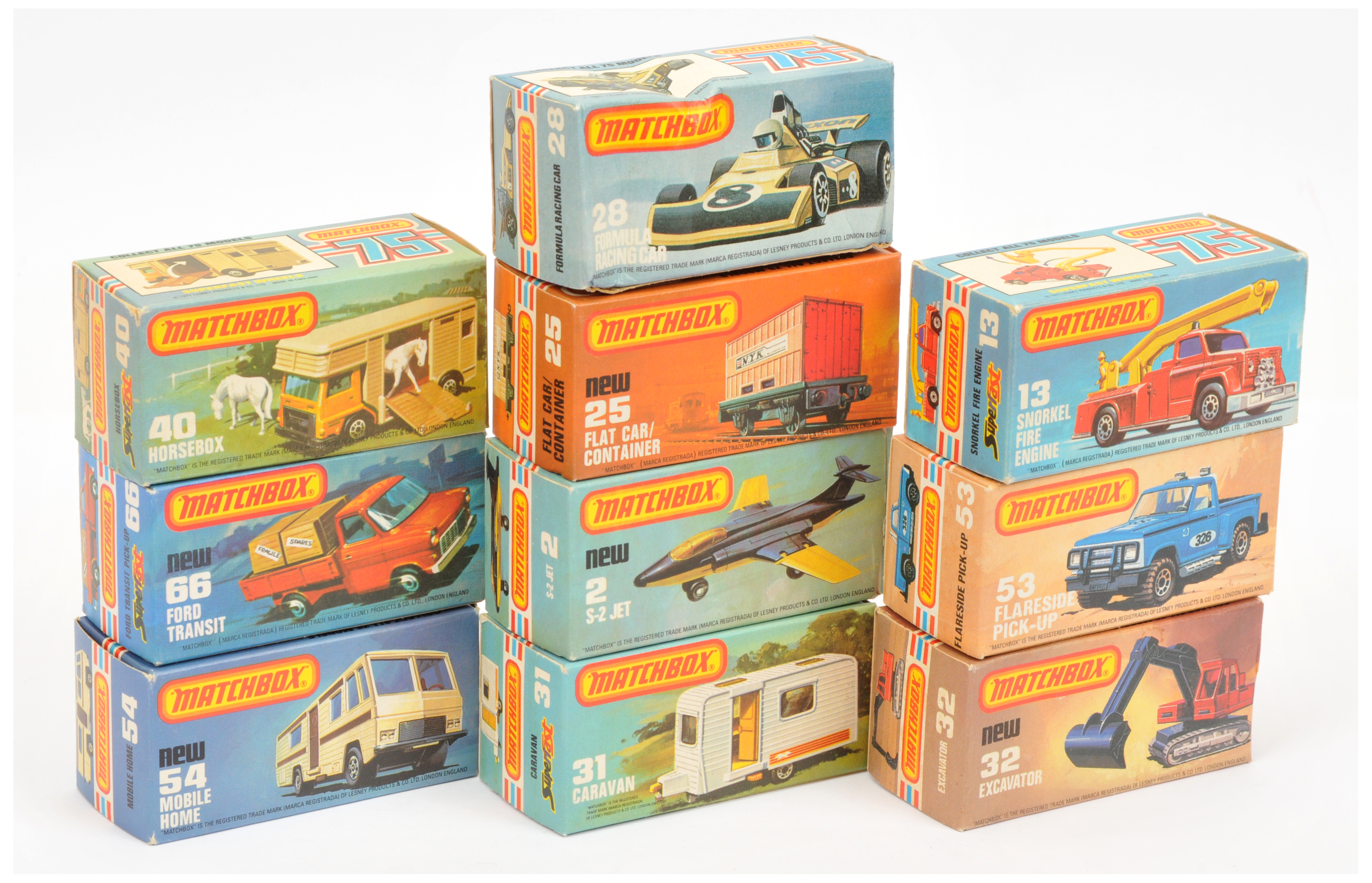 Matchbox Superfast A Group Of 9 Empty boxes To Include - 54d mobile Home, 66c Ford Transit Open b...