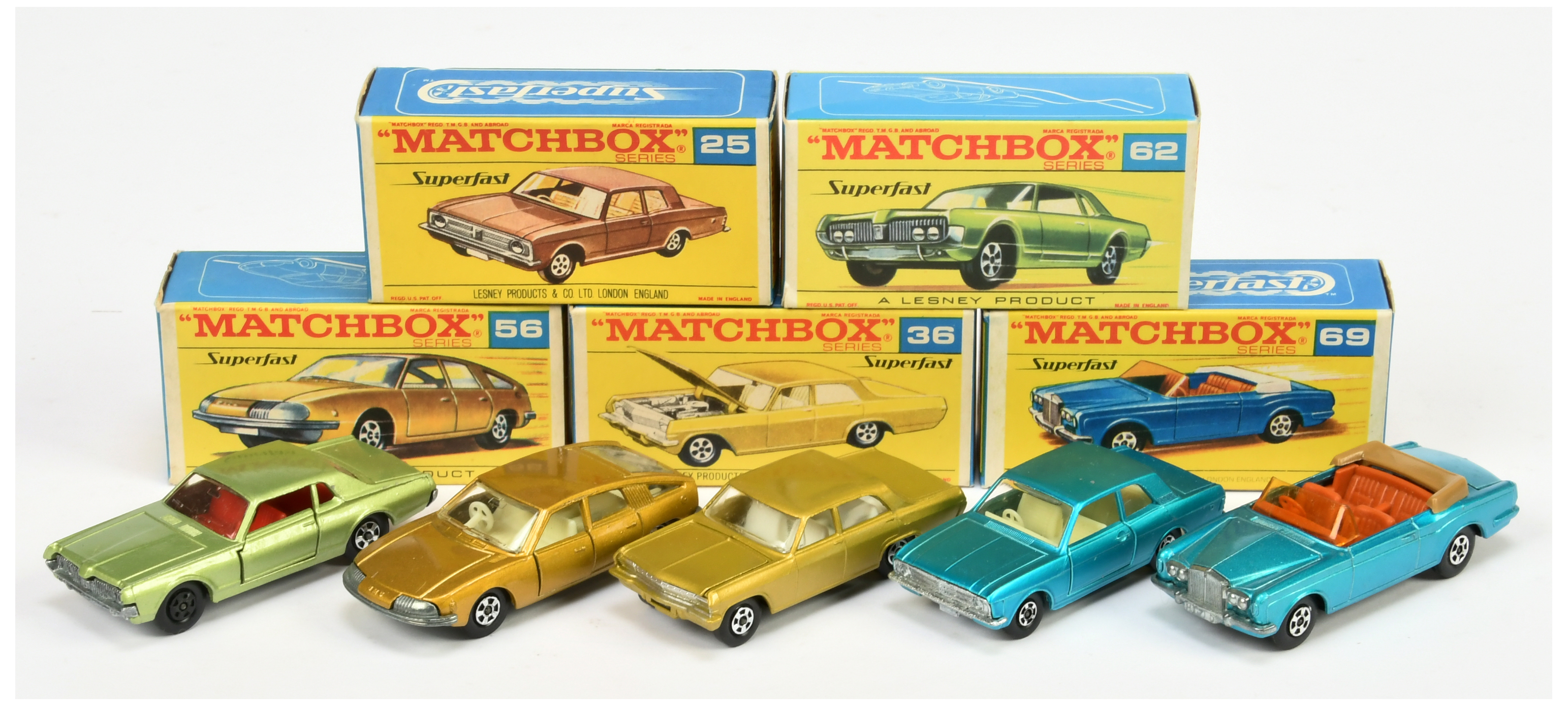 Matchbox Superfast group of early issue Cars in type F transitional boxes - all have 5-spoke narr...