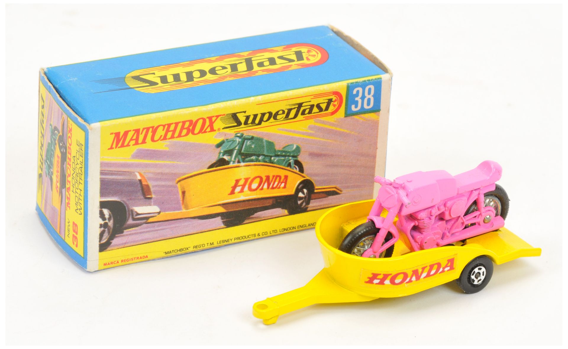 Matchbox Superfast 38a Honda Motorcycle & Trailer - pink motorcycle, lemon yellow trailer with Ho...
