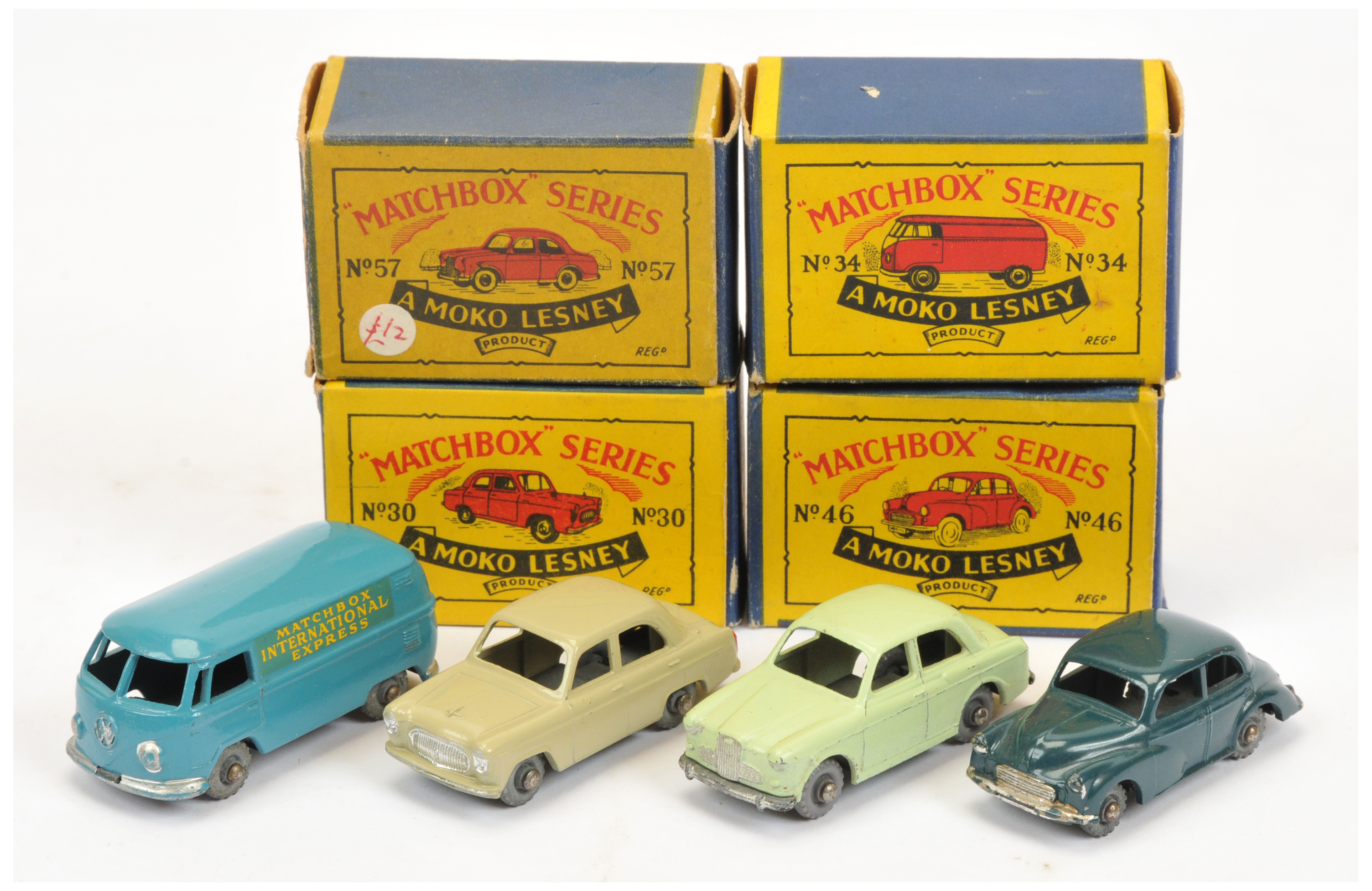 Matchbox Regular Wheels group - first three have metal wheels & crimped axles (1) 30a Ford Prefec...