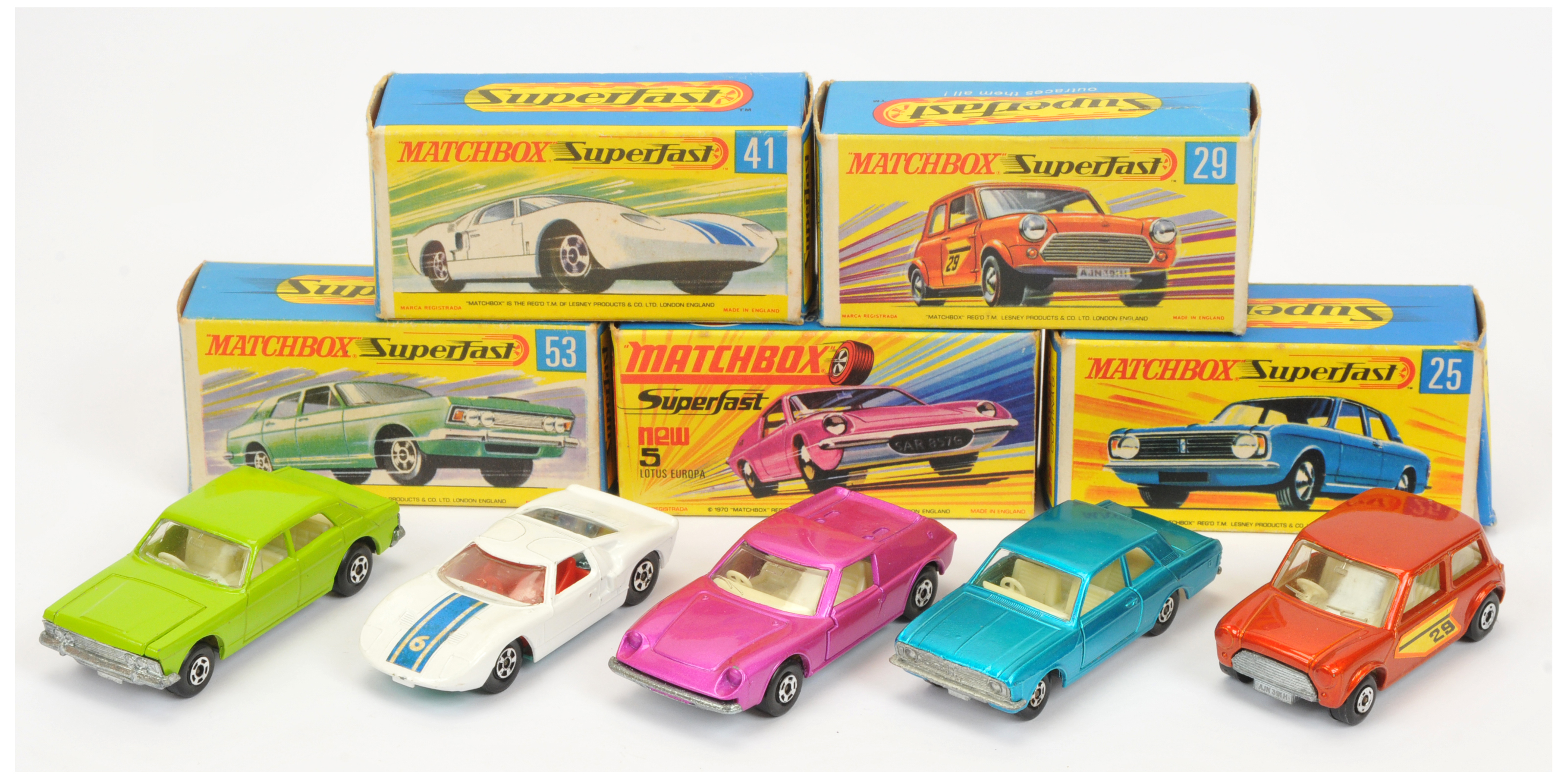 Matchbox Superfast  Group Of 5 - (1) 5a Lotus Europa - Pinkk body, wide wheels, (2) 25a Ford Cort...