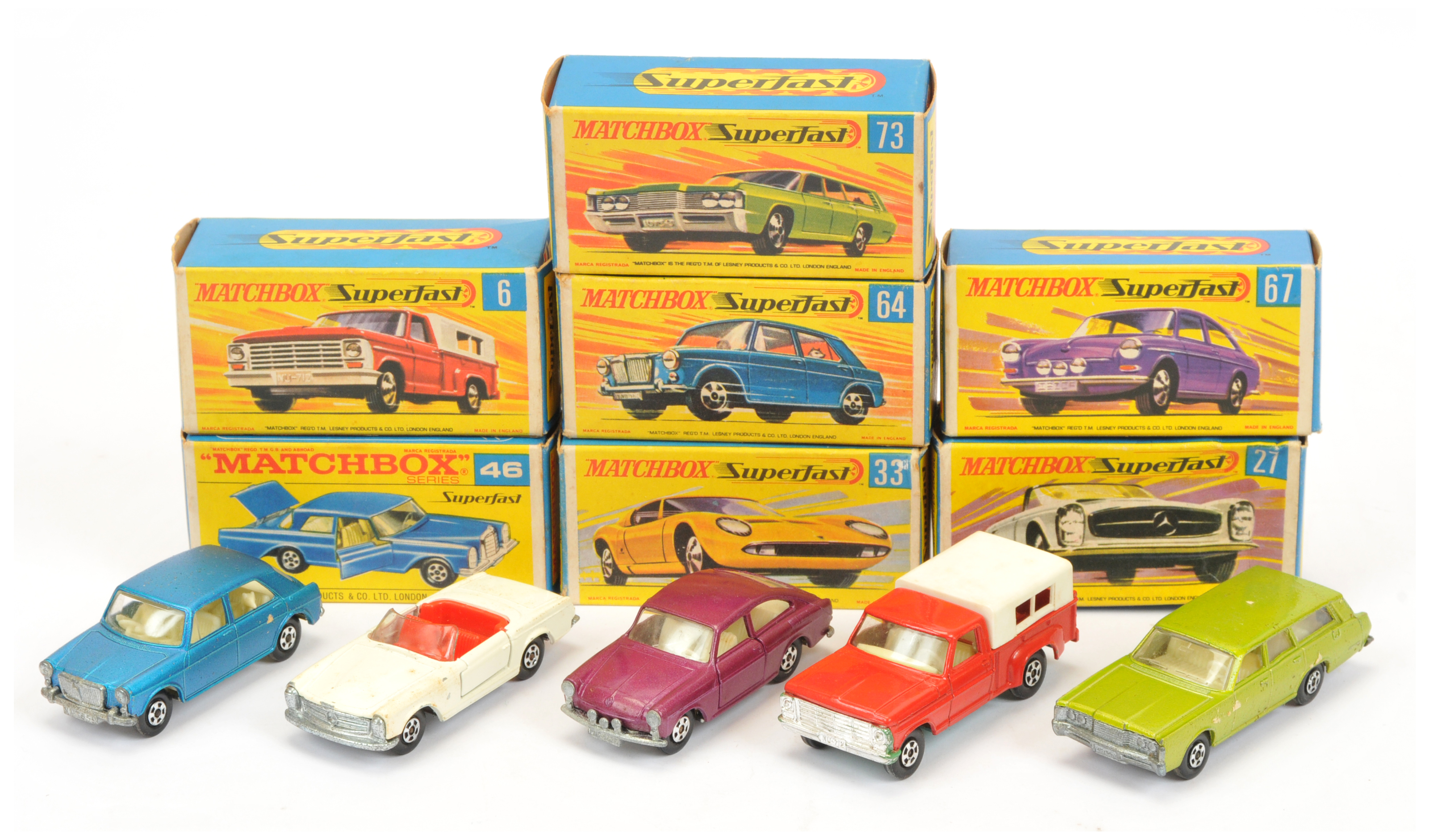 Matchbox Superfast group of Cars to include 64a MG 1100 - metallic blue body) 67a Volkswagen 1600...