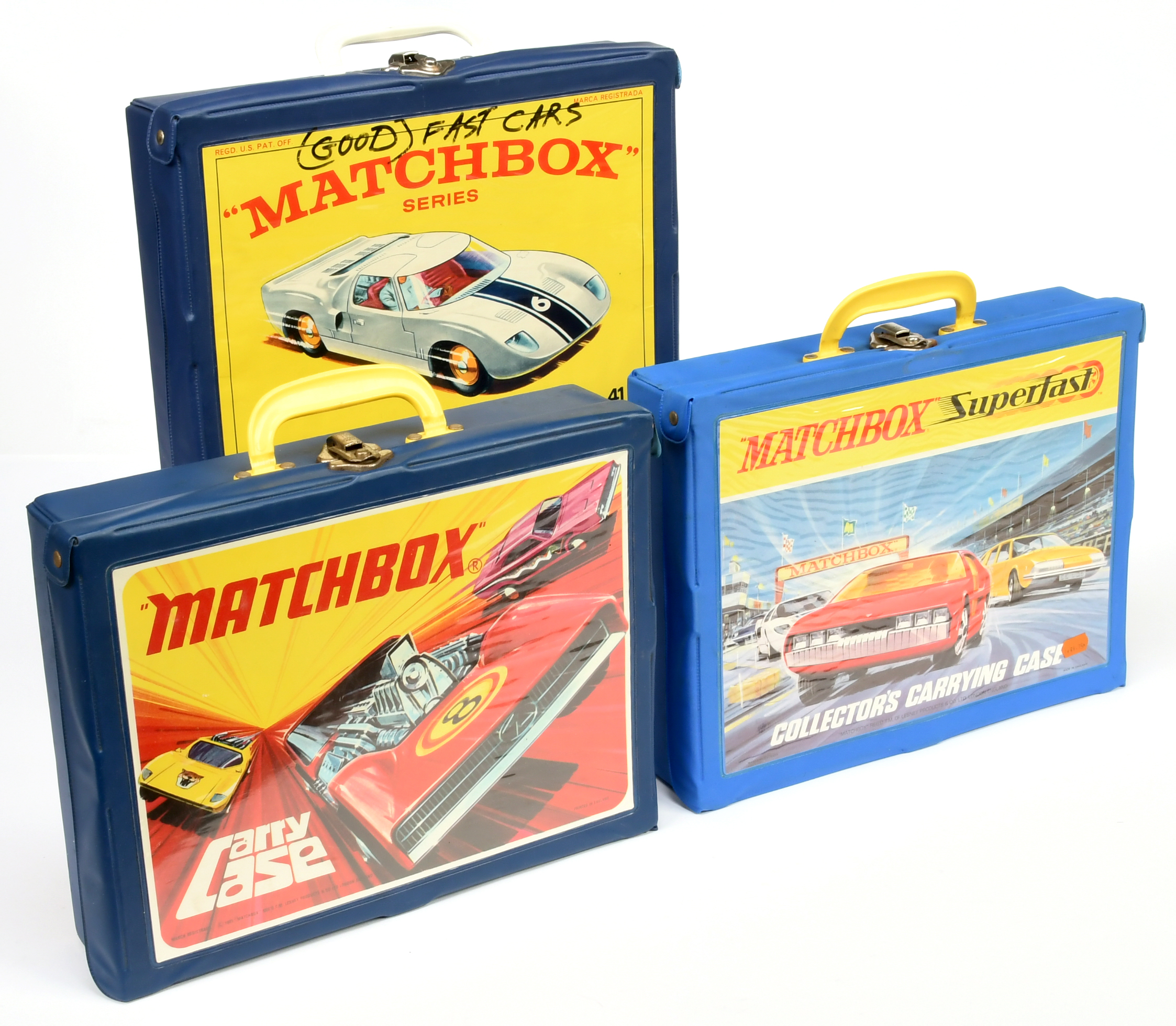 Matchbox Carry Cases Group Of 3 -(1) Blue Showing 41c ford Gt 4 X Pale blue tray, (2) Blue Showin...