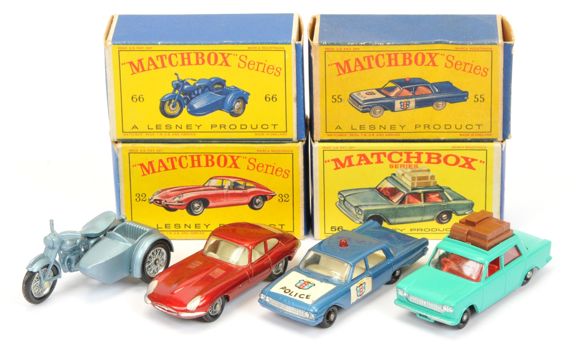 Matchbox Regular Wheels group (1) 32b Jaguar E-type - metallic red, clear windows, wire wheels wi...