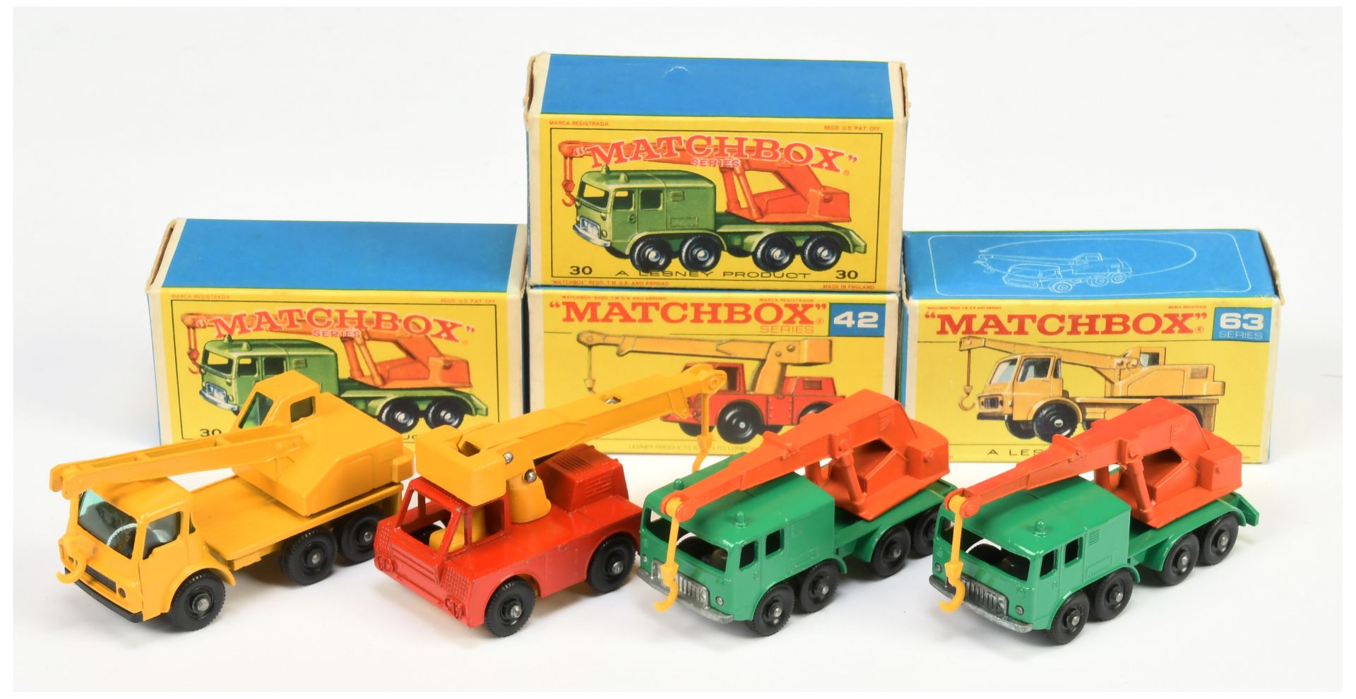 Matchbox Regular Wheels group (1) 30c Faun 8-wheeled Crane Truck - green cab and chassis, orange ...