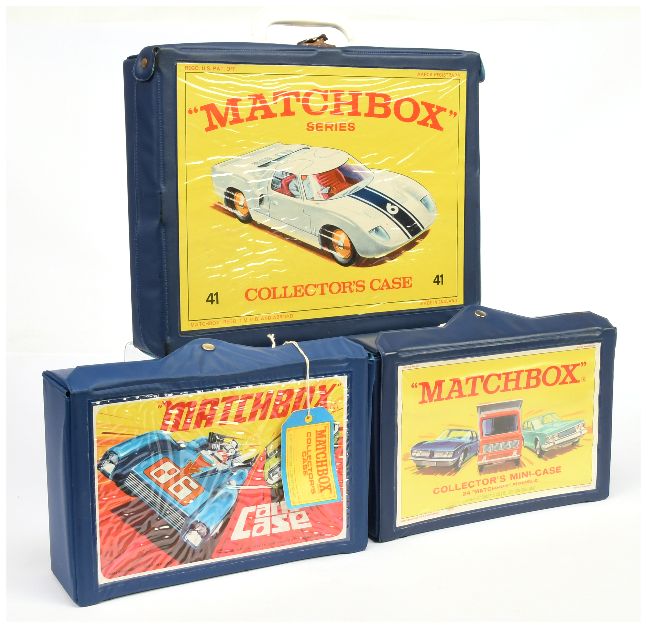 Matchbox Carry Cases Group Of 3 -(1) Blue Showing 41c ford Gt 4 X Pale blue tray, (2) Blue Showin...