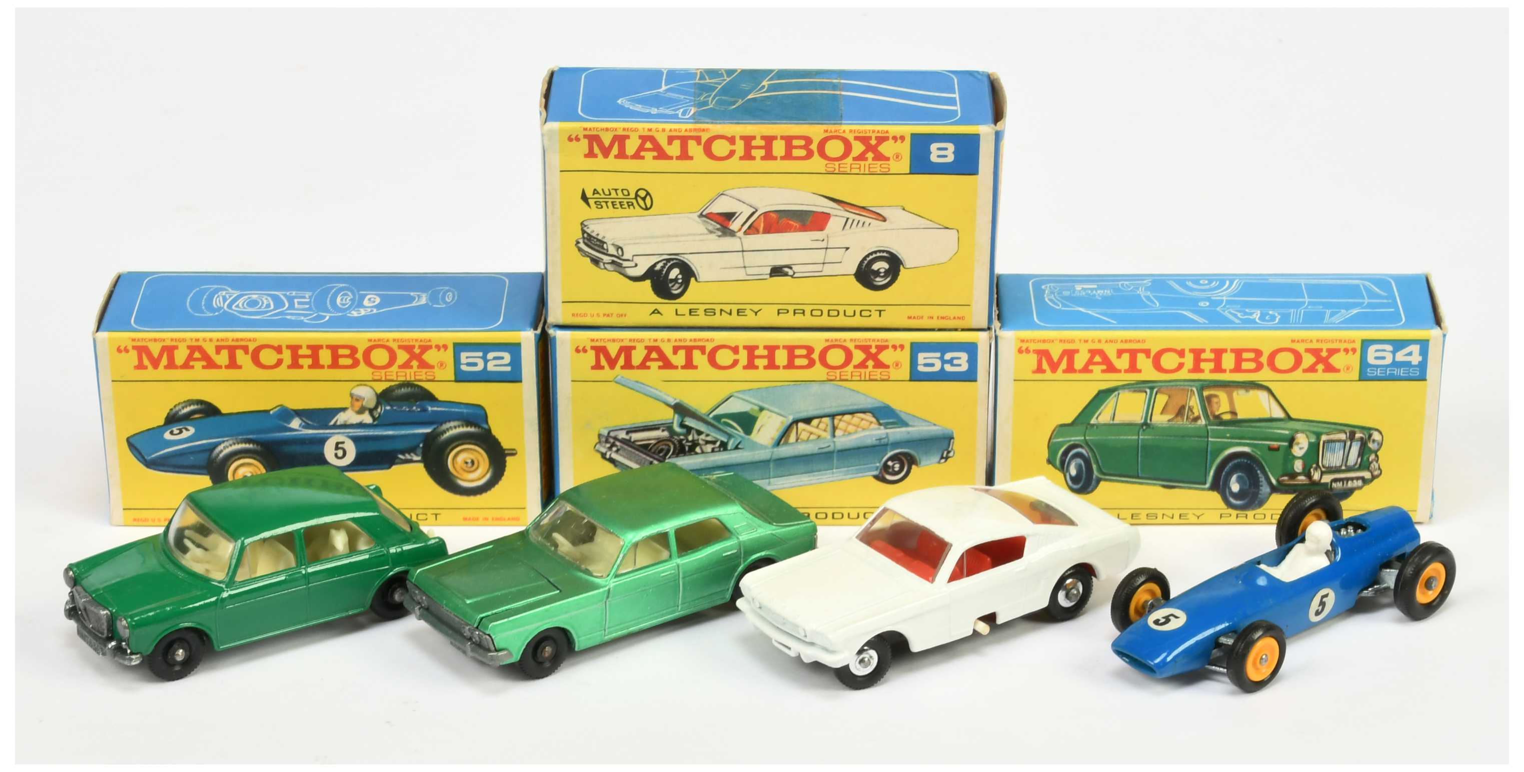 Matchbox Regular Wheels group (1) 8e Ford Mustang - white - box has tape removal mark (2) 53c For...