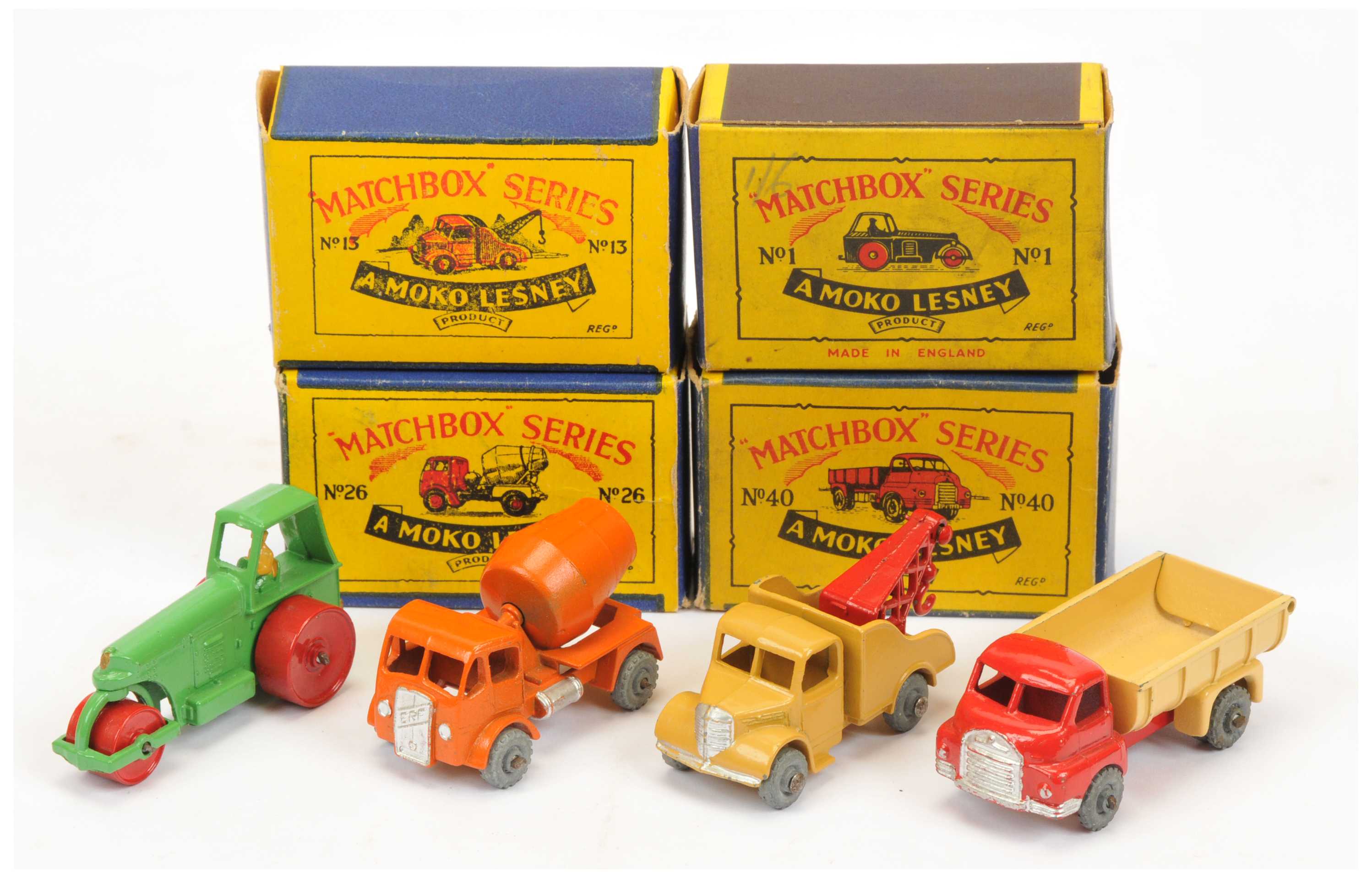 Matchbox Regular Wheels group including Construction Vehicles - all have metal wheels & crimped a...