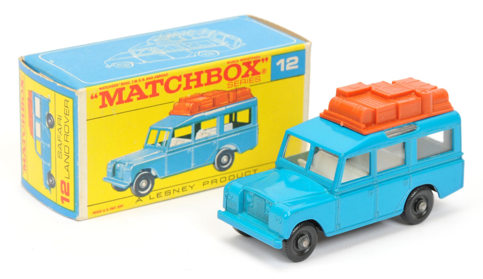 Matchbox Regular Wheels 12c Land Rover Safari - blue body with burnt sienna luggage, white interi...