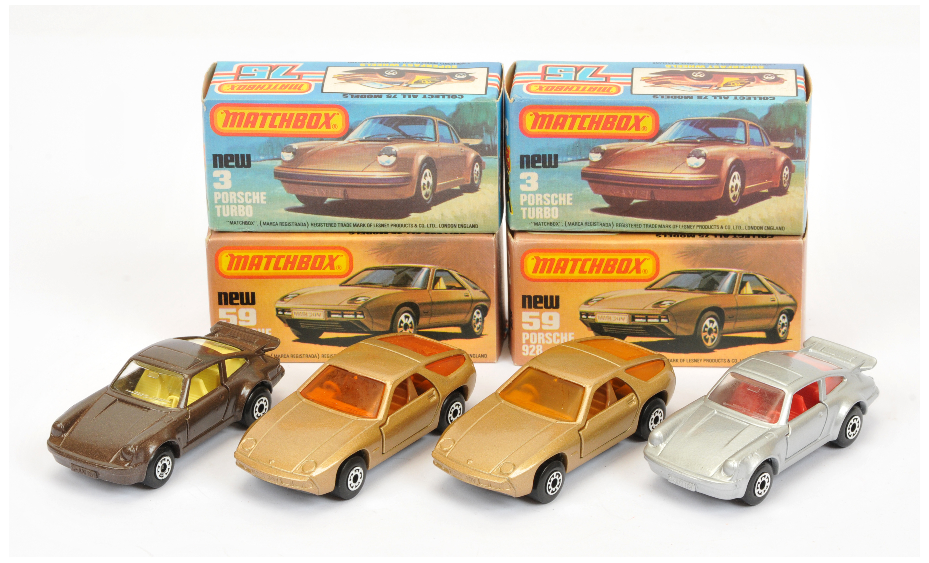 Matchbox Superfast Group Of 4 To Include - (1) Porsche Turbo - Brown body, lemon interior, black ...