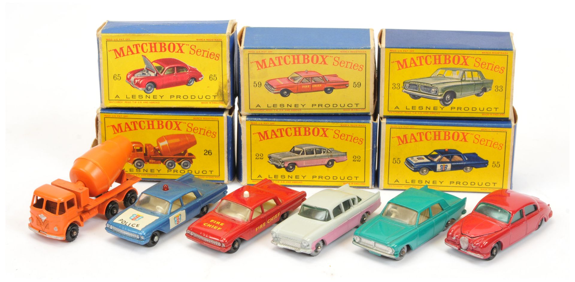 Matchbox Regular Wheels group to include 55b Ford Fairlane Police Car - metallic blue body with r...