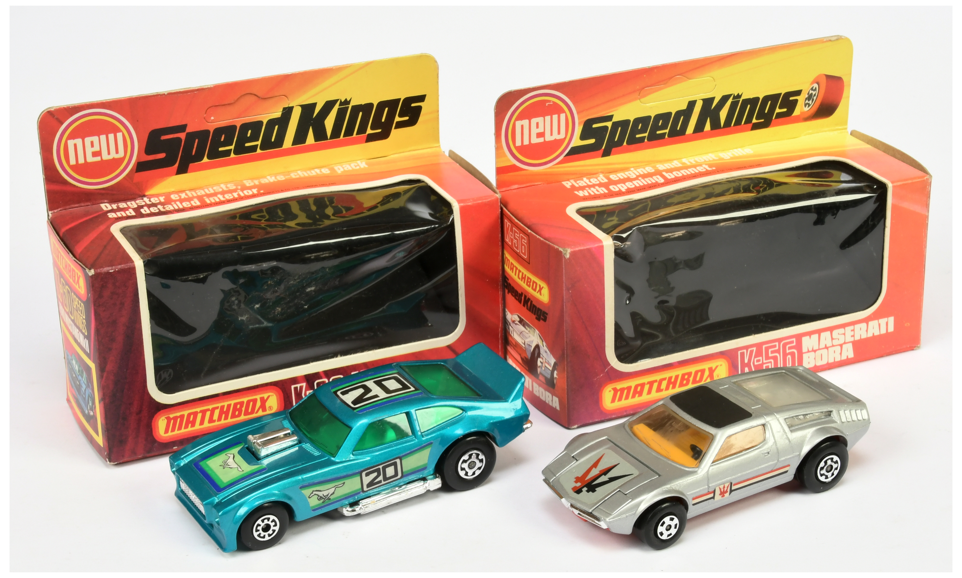 Matchbox Speedkings - A pair - (1) K56 - Maserati Bora - Silver, black roof panel, yellow interio...