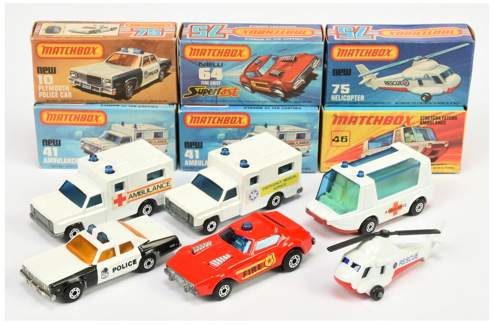 Matchbox Superfast Group Of 6 Emergency Vehicles To Include - 10 Plymouth "Police" Car - Black an...
