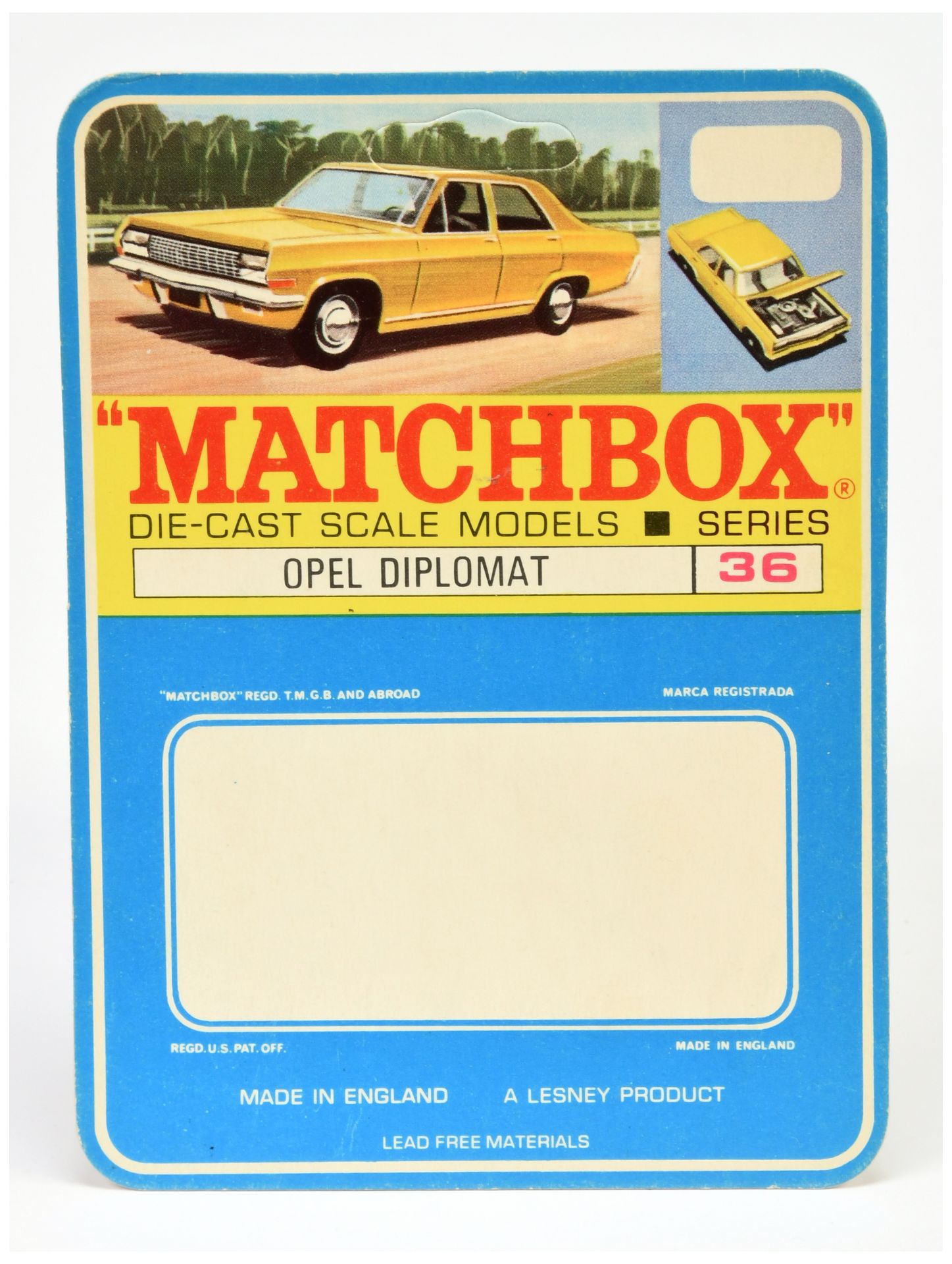 Matchbox Regular Wheels 36c Opel Diplomat un-punched printers sample blister pack backing card - ...