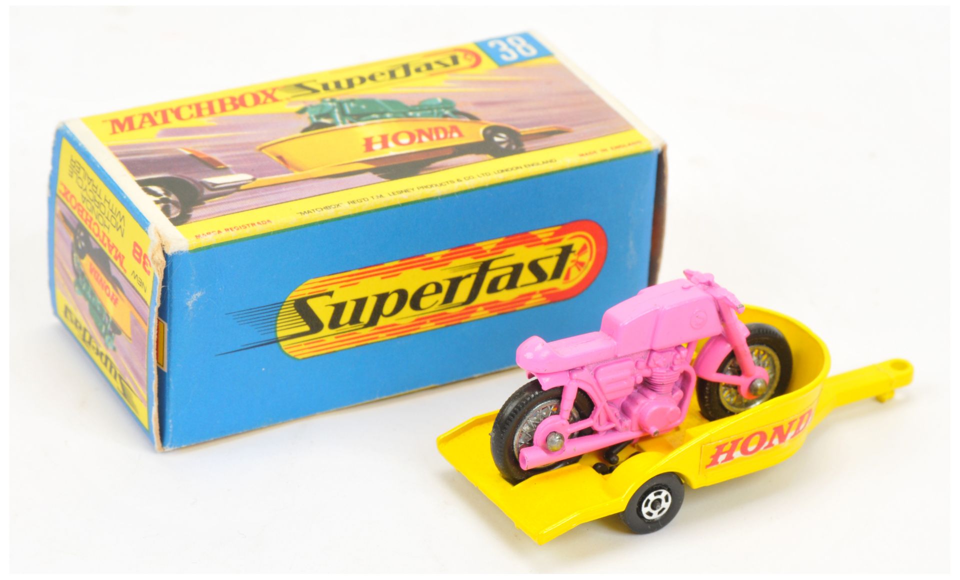 Matchbox Superfast 38a Honda Motorcycle & Trailer - pink motorcycle, lemon yellow trailer with Ho... - Image 2 of 2