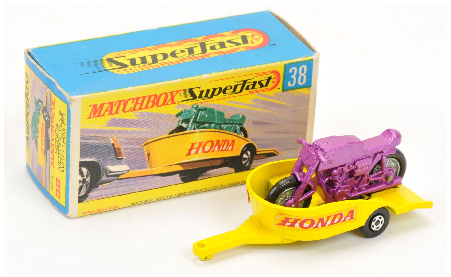 Matchbox Superfast 38a Honda Motorcycle & Trailer - metallic purple motorcycle, lemon yellow trai...