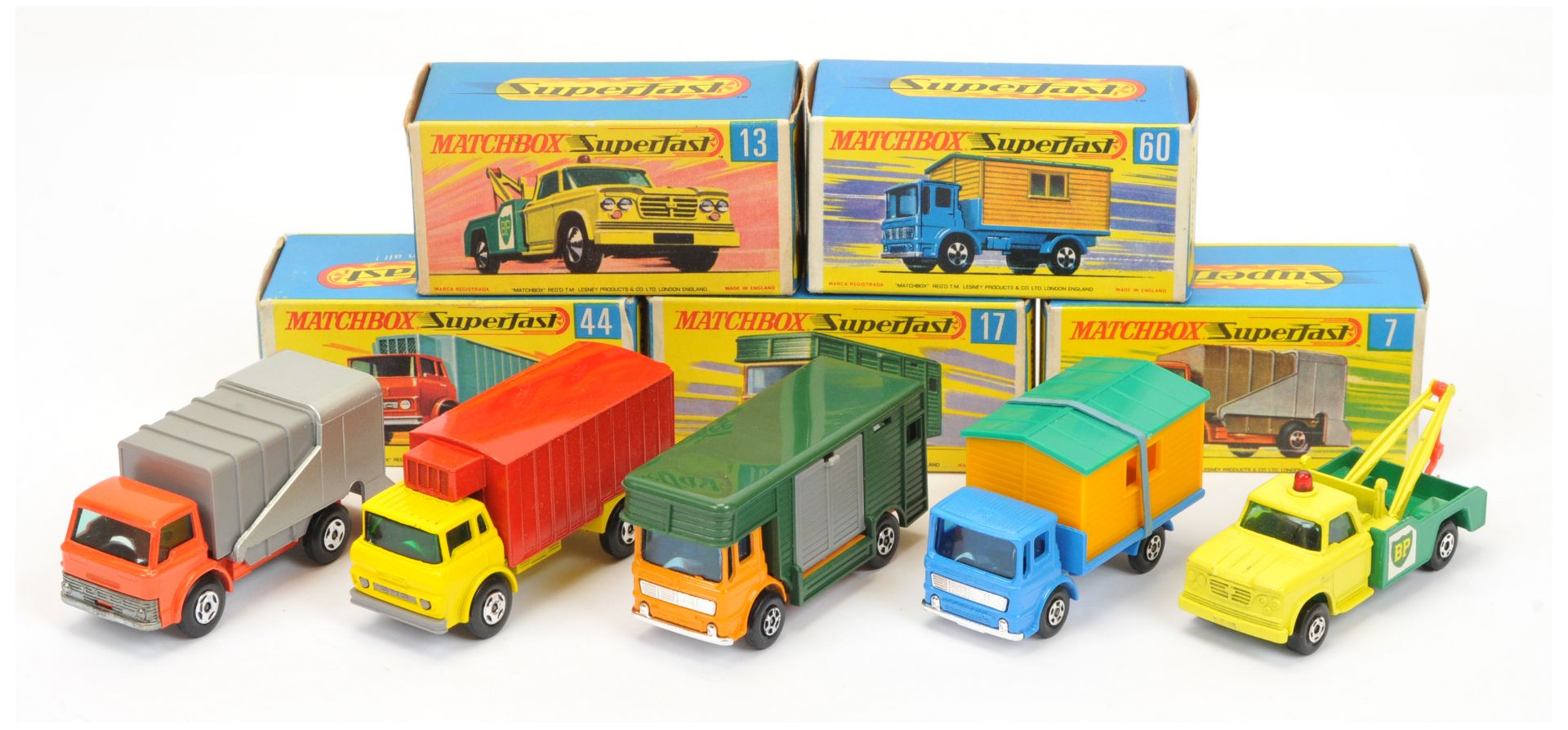 Matchbox Superfast Group Of  5 - (1) 7a Refuse truck - Orange, grey and silver (2) 13a Dodge Wrea...