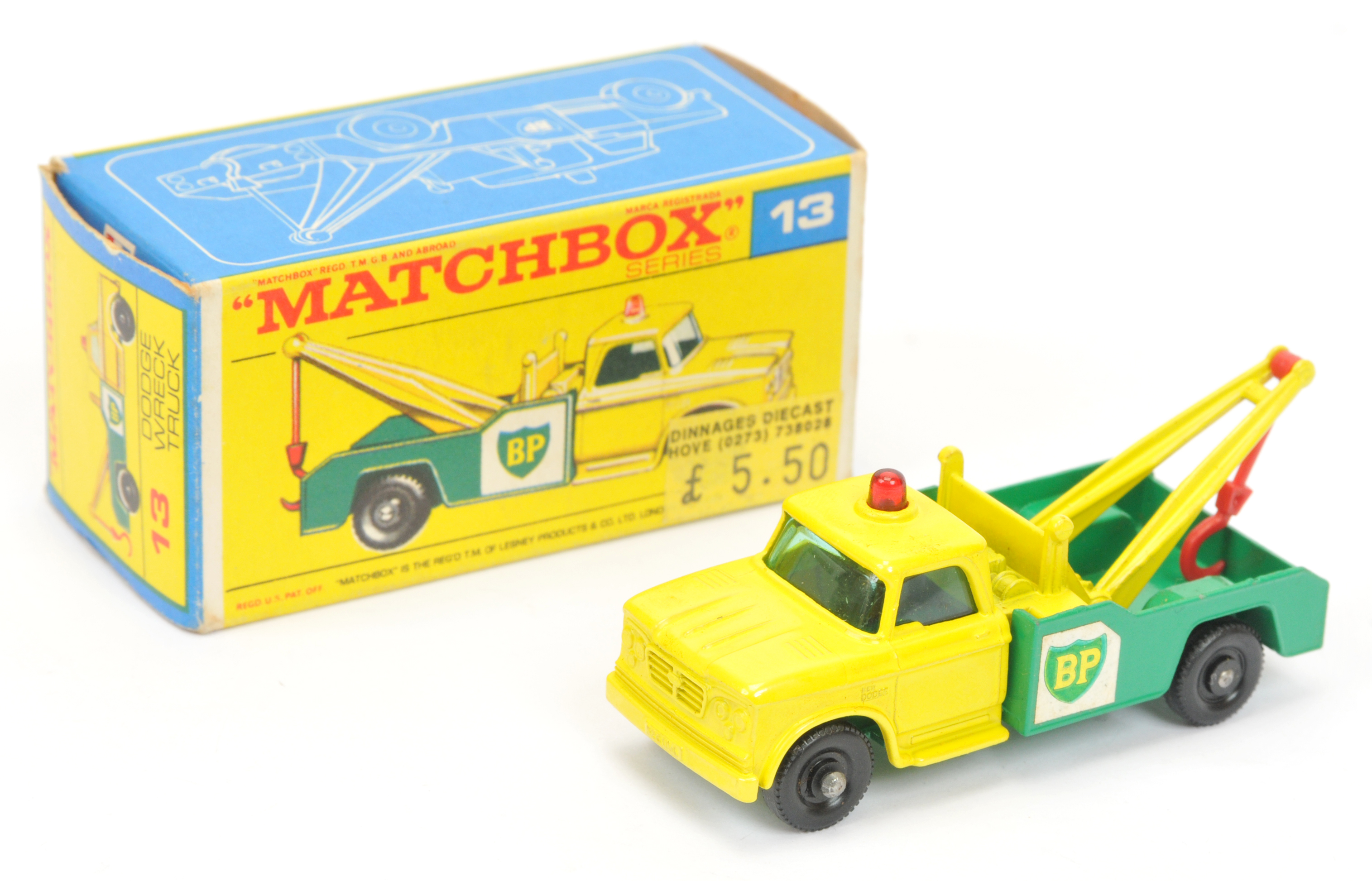 Matchbox Regular Wheels 13d Dodge BP Wreck Truck - lemon cab, greenbody, green tinted windows, re...