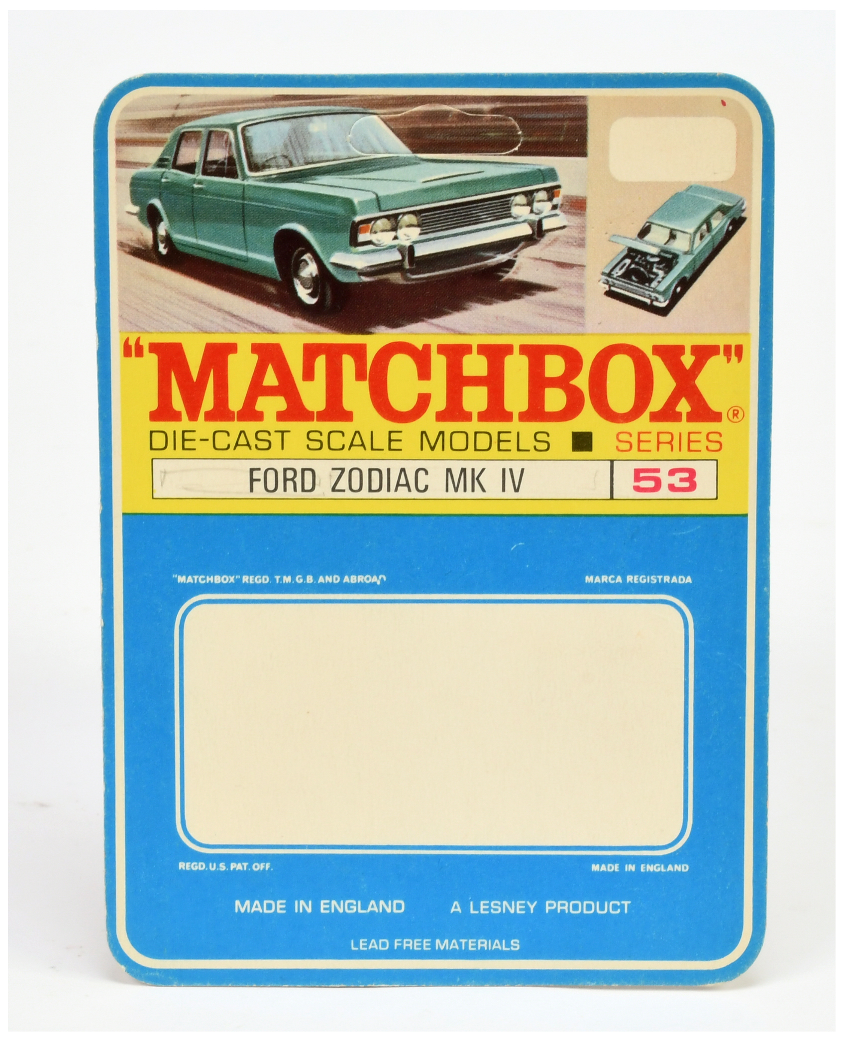 Matchbox Regular Wheels 53c Ford Zodiac MKIV un-punched printers sample blister pack backing card...