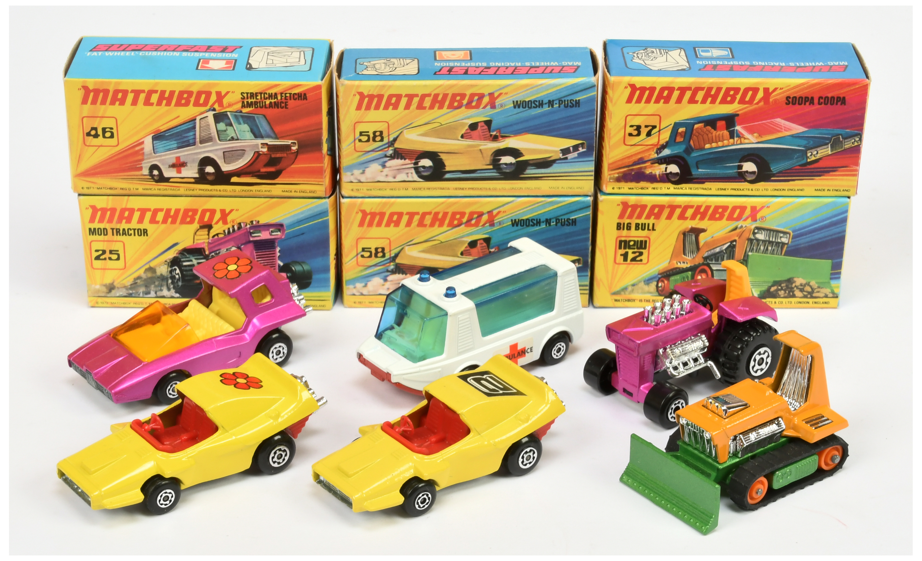 Matchbox Superfast Group Of 6 To Include -  25 Mod Tractor - Candy Pink, yellow seat, 58 Woosh-N-...