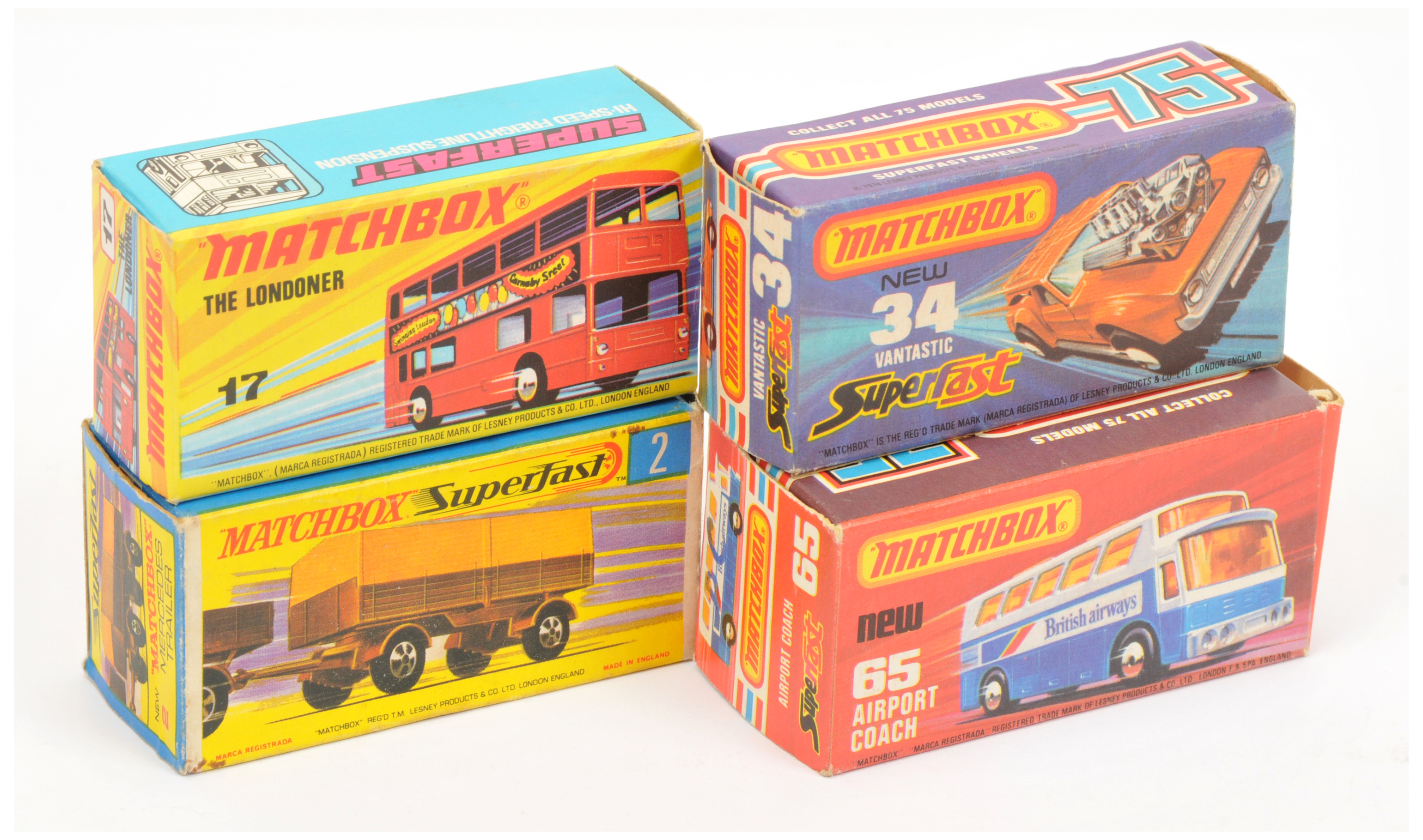 Matchbox Superfast Empty boxes Group Of 4 - (1) 2 Mercedes Trailer, (2) 17 Londoner Bus, (3) 34 V...