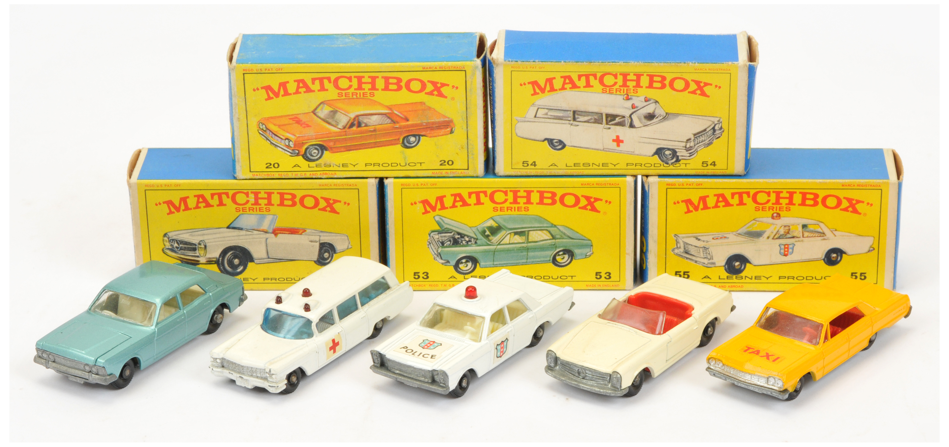 Matchbox Regular Wheels group (1) 20c Chevrolet Impala "Taxi" - orange yellow, red interior (2) 2...