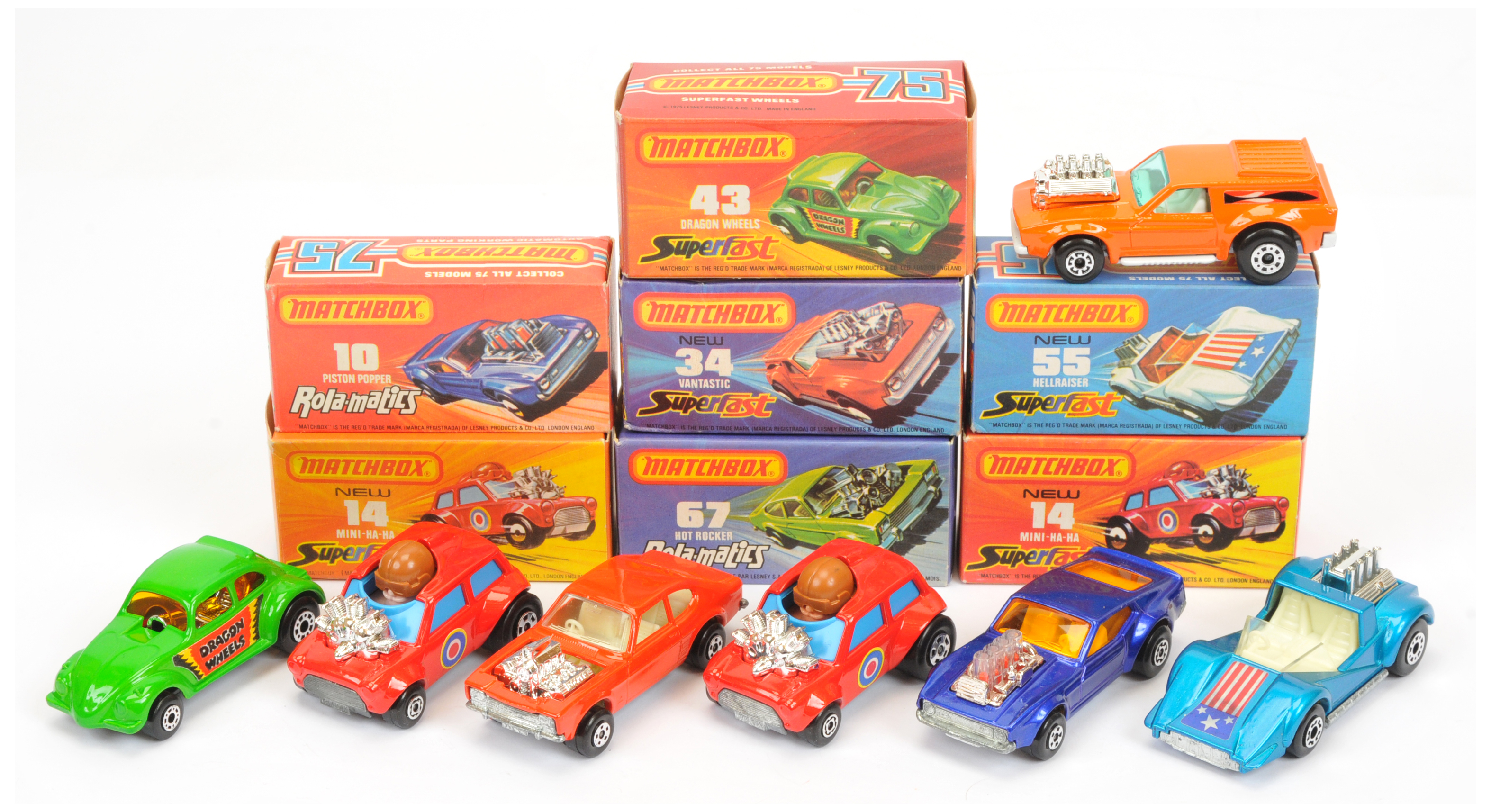 Matchbox Superfast Group Of 7 To Include - 10 Piston Popper - Blue, 2 X 14 Mini HA Ha - red, blue...