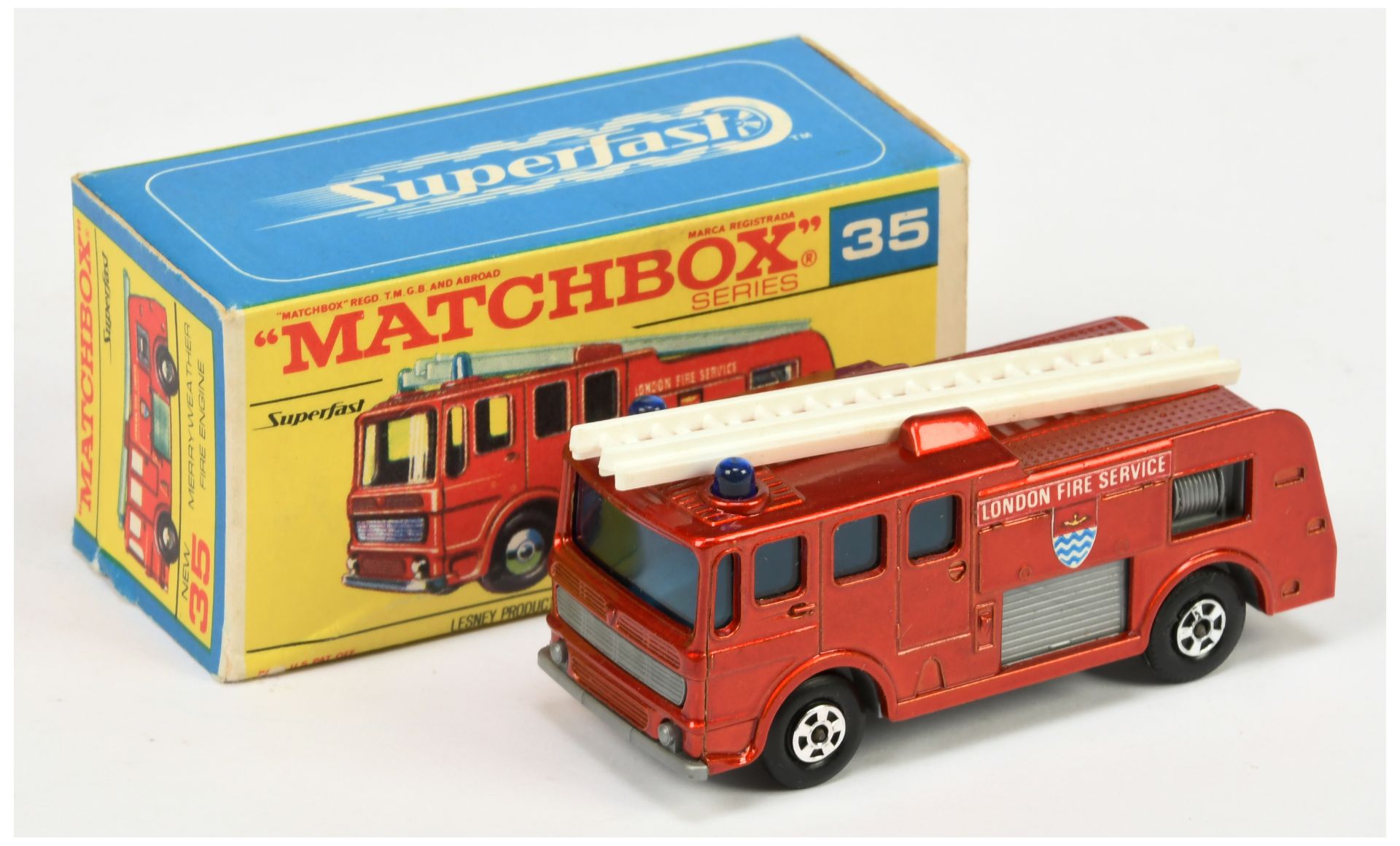 Matchbox Superfast 35a Merryweather Marquis Fire Engine - metallic red body, blue windows and roo...