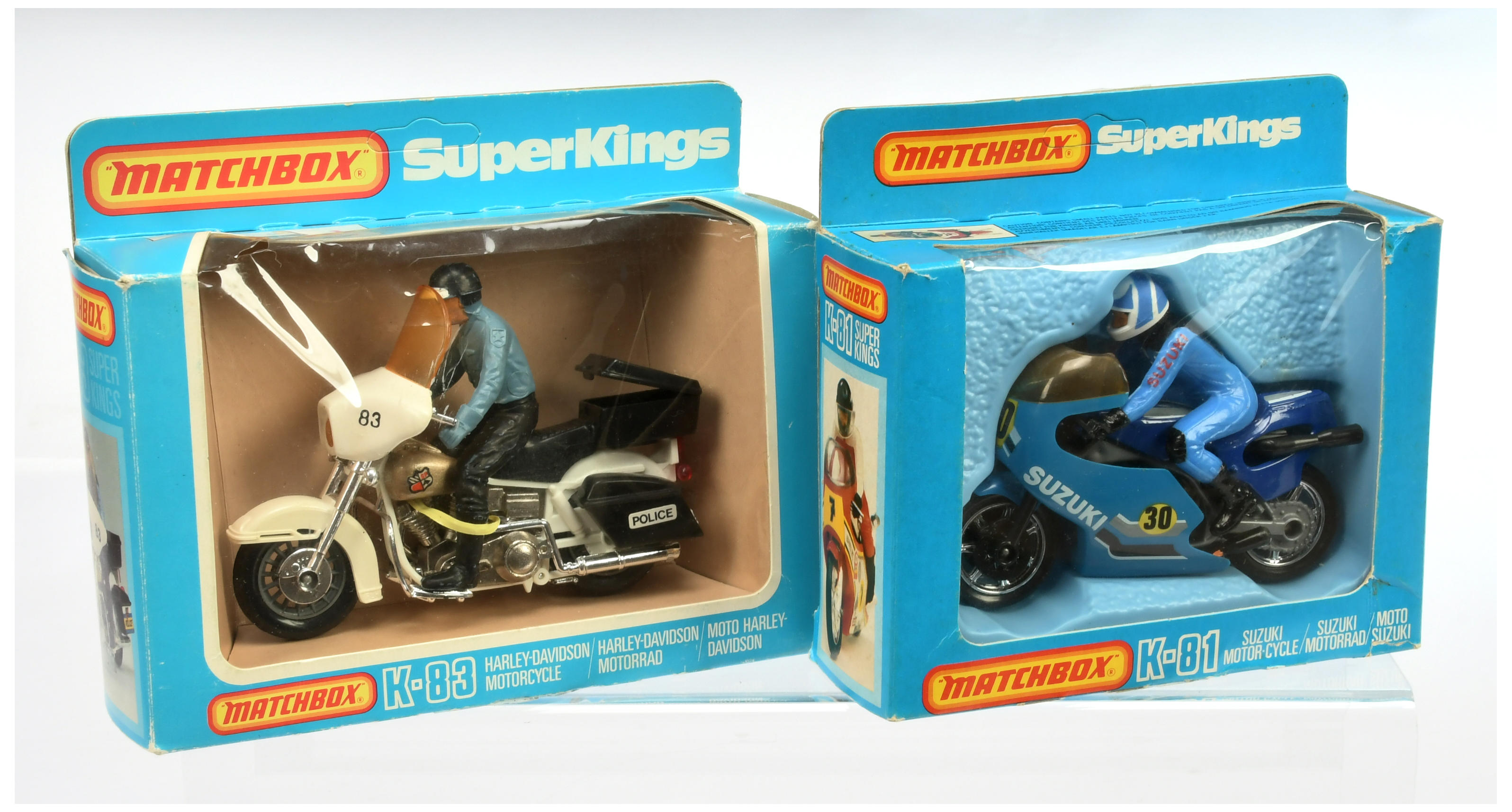 Matchbox Super Kings pair  (1) K81 Suzuki Racing Motor Cycle - blue frame & fairing with racing n...