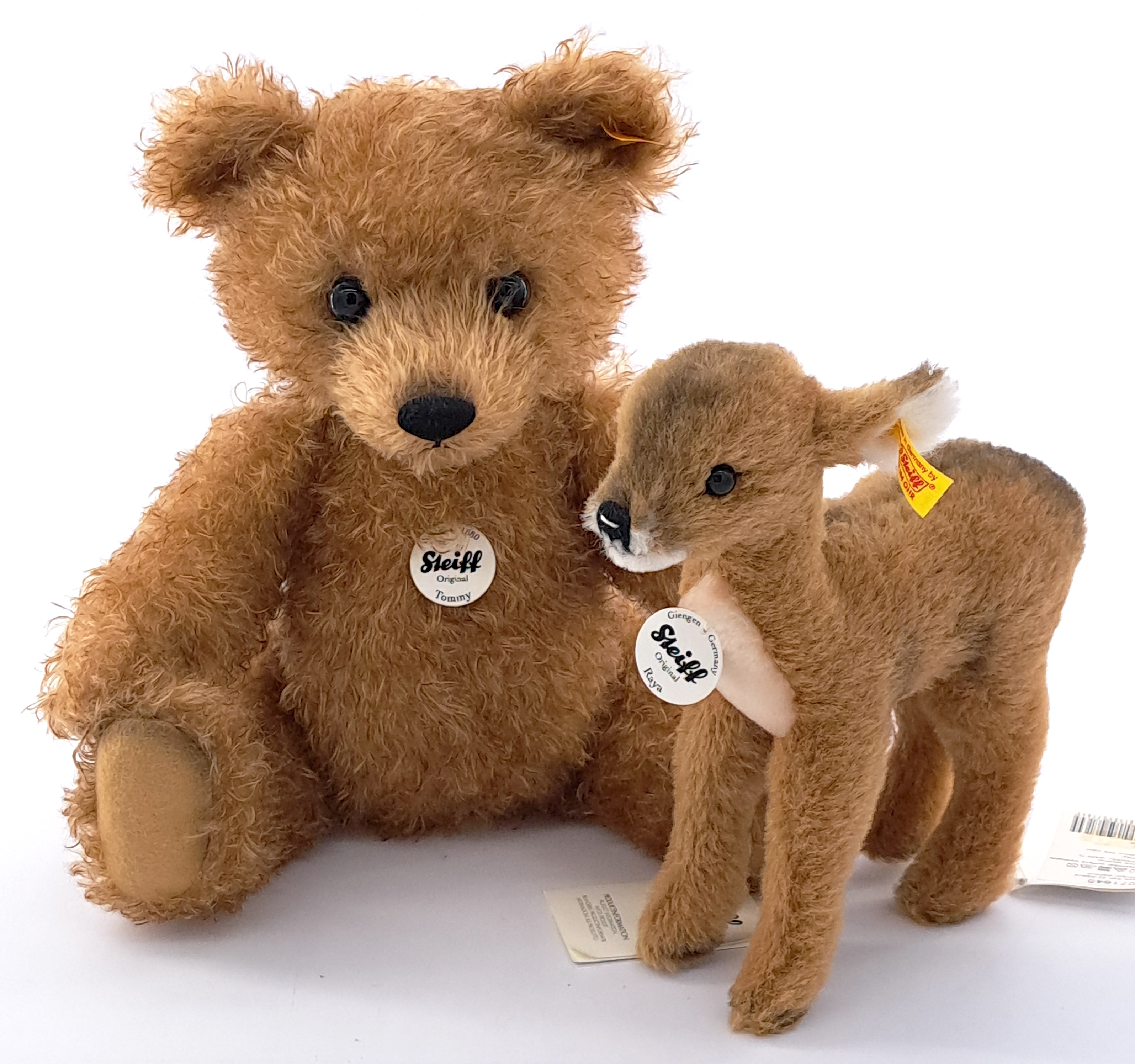 Steiff Tommy Classic teddy bear, plus Steiff Raya fawn