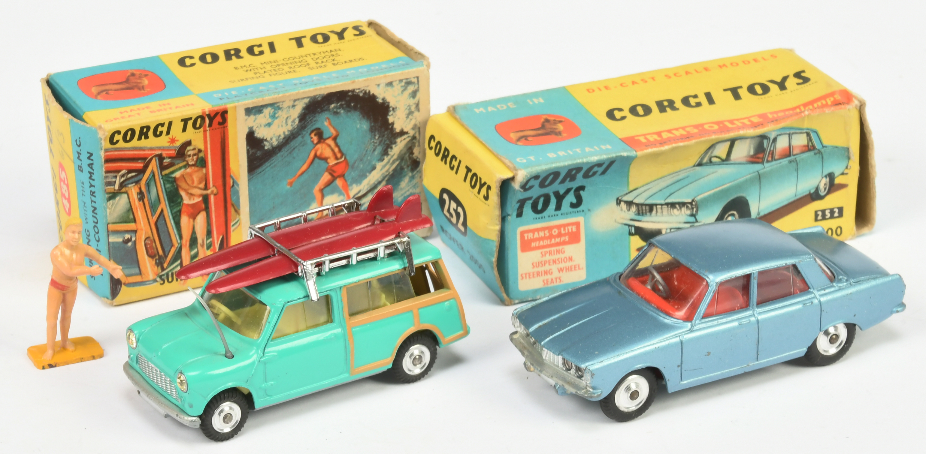 Corgi Toys A Pair - (1) 252 Rover 2000 - Steel Blue body, red interior, silver trim and spun hubs...