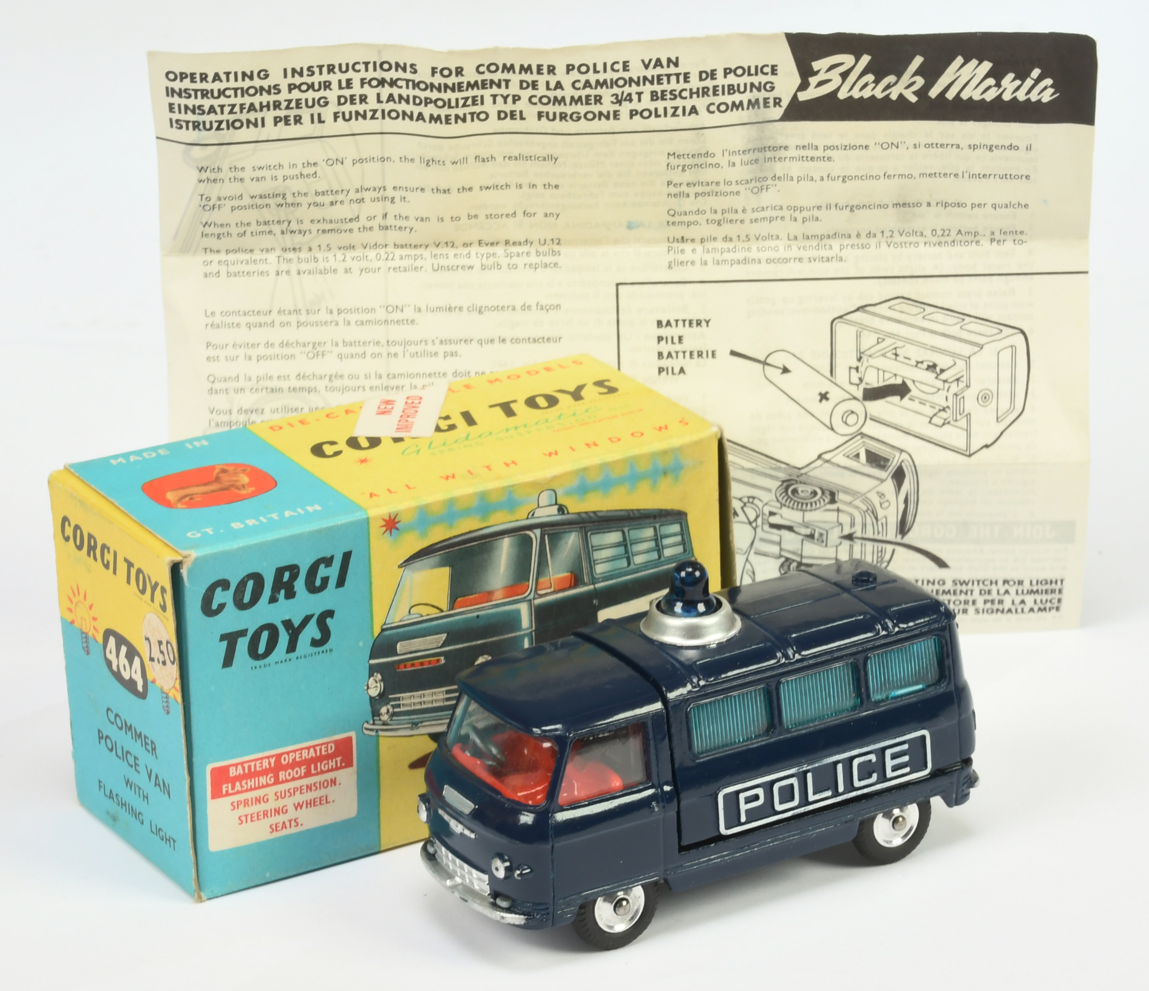 Corgi Toys 464 Commer "Police" Van - Blue body. red interior, battery operated roof light, silver...