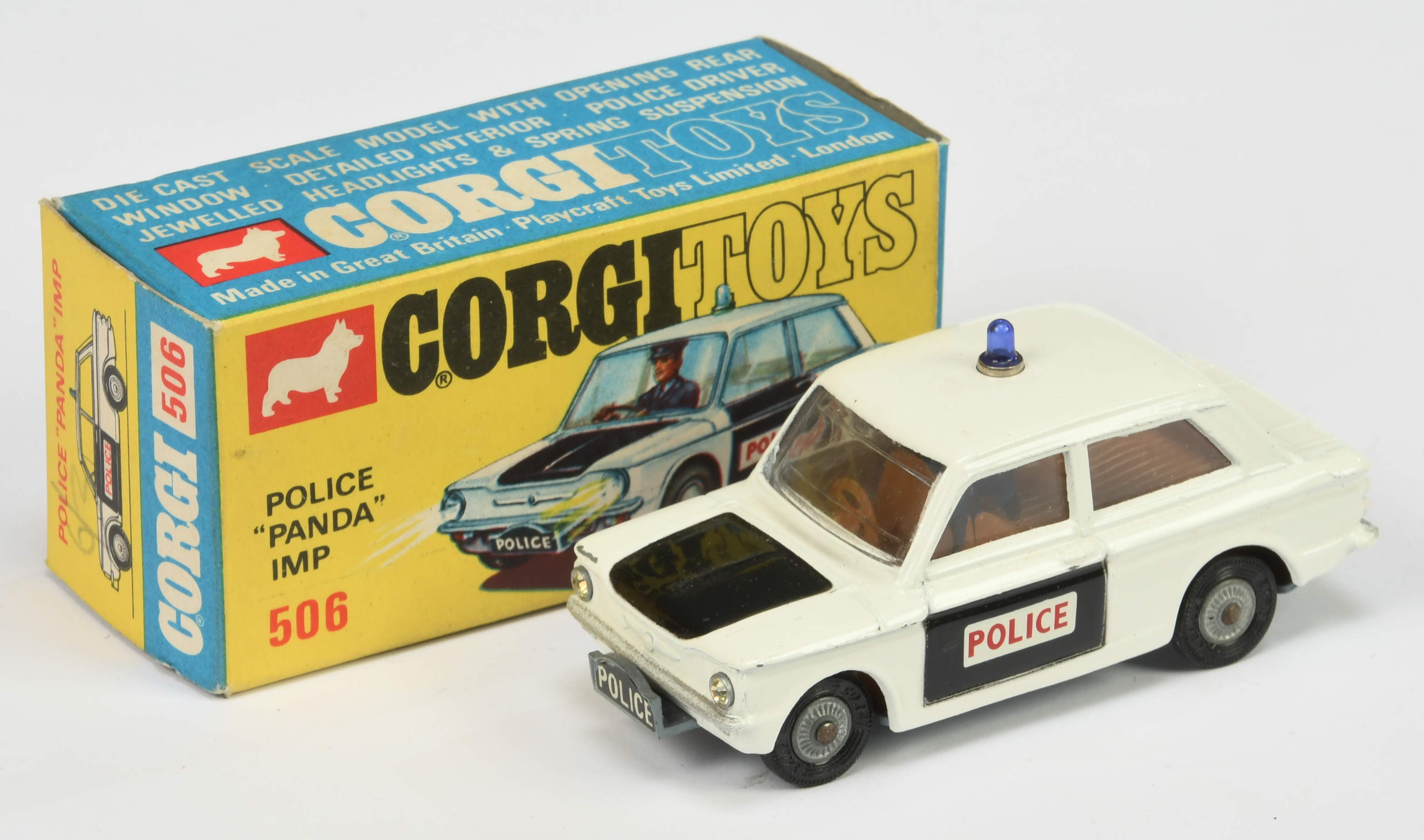 Corgi Toys 506 Sunbeam Imp "Police" Car  - White  body with black doors and bonnet, brown interio...