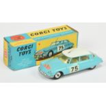 Corgi Toys 323 Citroen DS19 "Rallye Monte Carlo" - Light blue body with white roof, lemon interio...