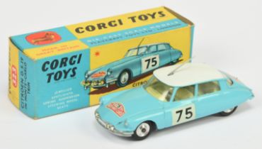 Corgi Toys 323 Citroen DS19 "Rallye Monte Carlo" - Light blue body with white roof, lemon interio...