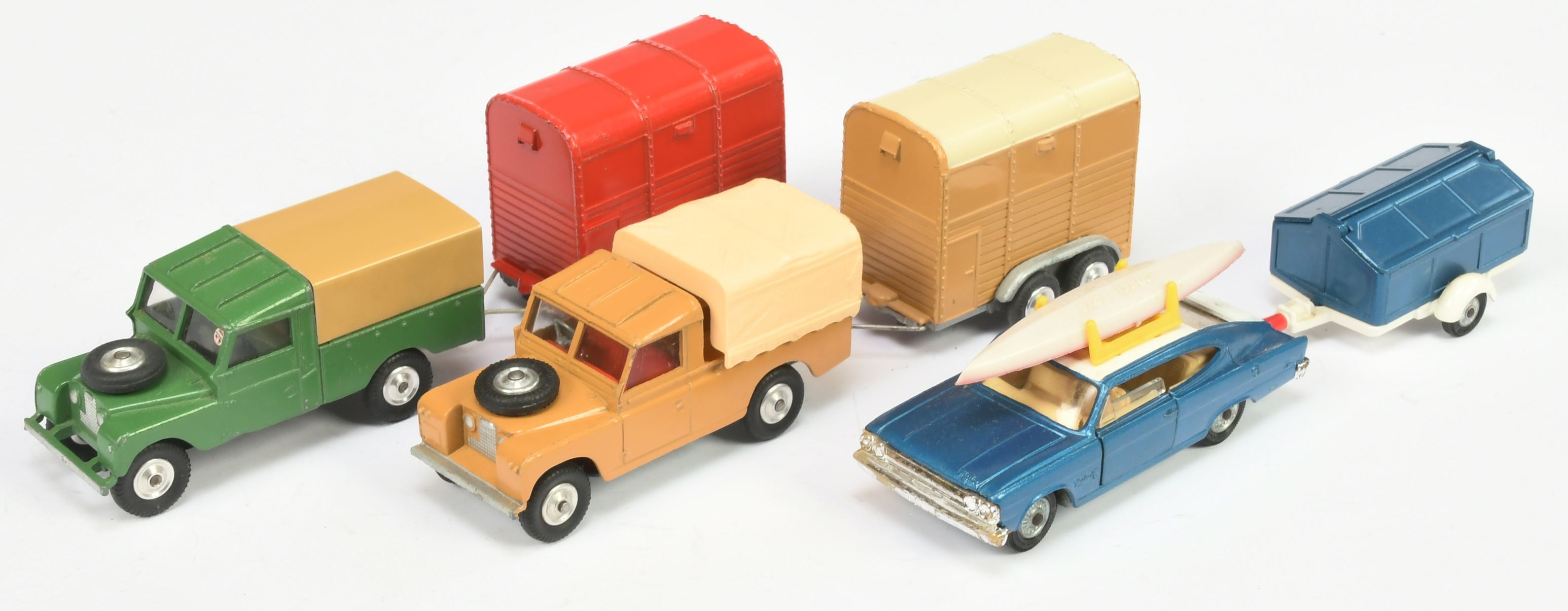 Corgi Toys Unboxed Group To Include - (1) Land Rover - Green, tan tinplate canopy with Red horse ...