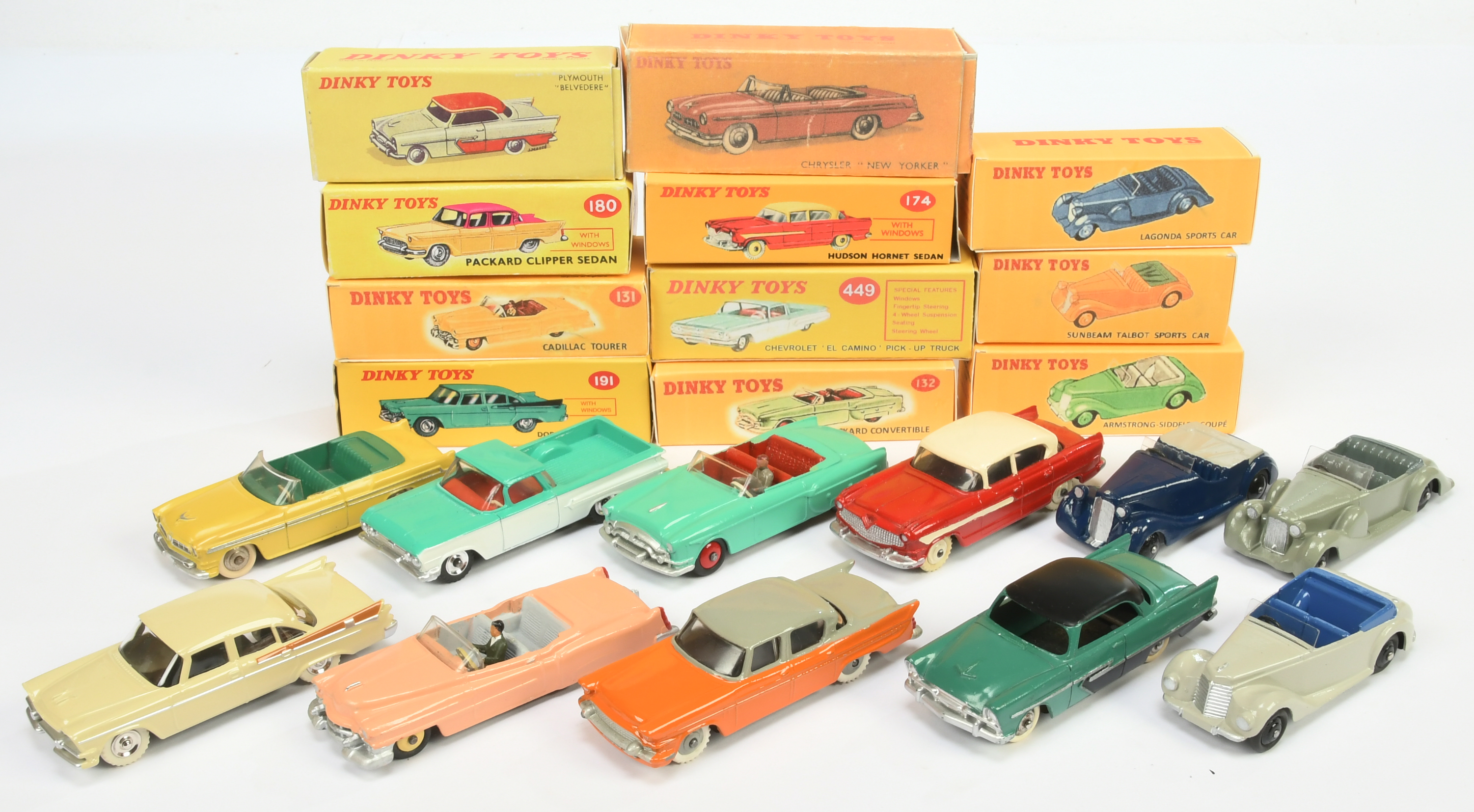 Dinky Toys Group To Include - 38C Lagonda Sports, 449 El-Camino Pick-Up, 132 Packard  Convertible...