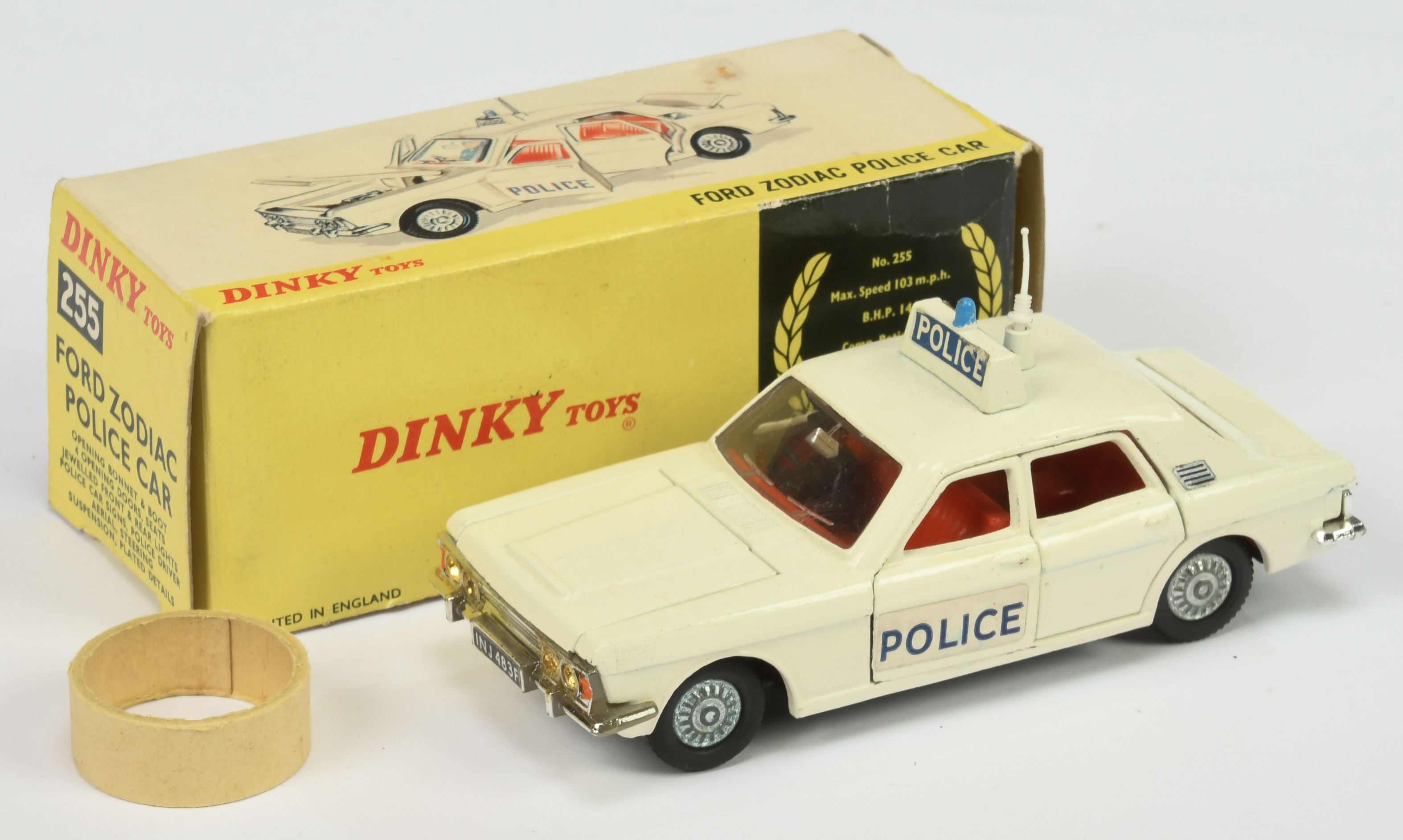 Dinky Toys 255 Ford Zodiac "Police" Car - Off white body, red interior,chrome trim, cast detailed...