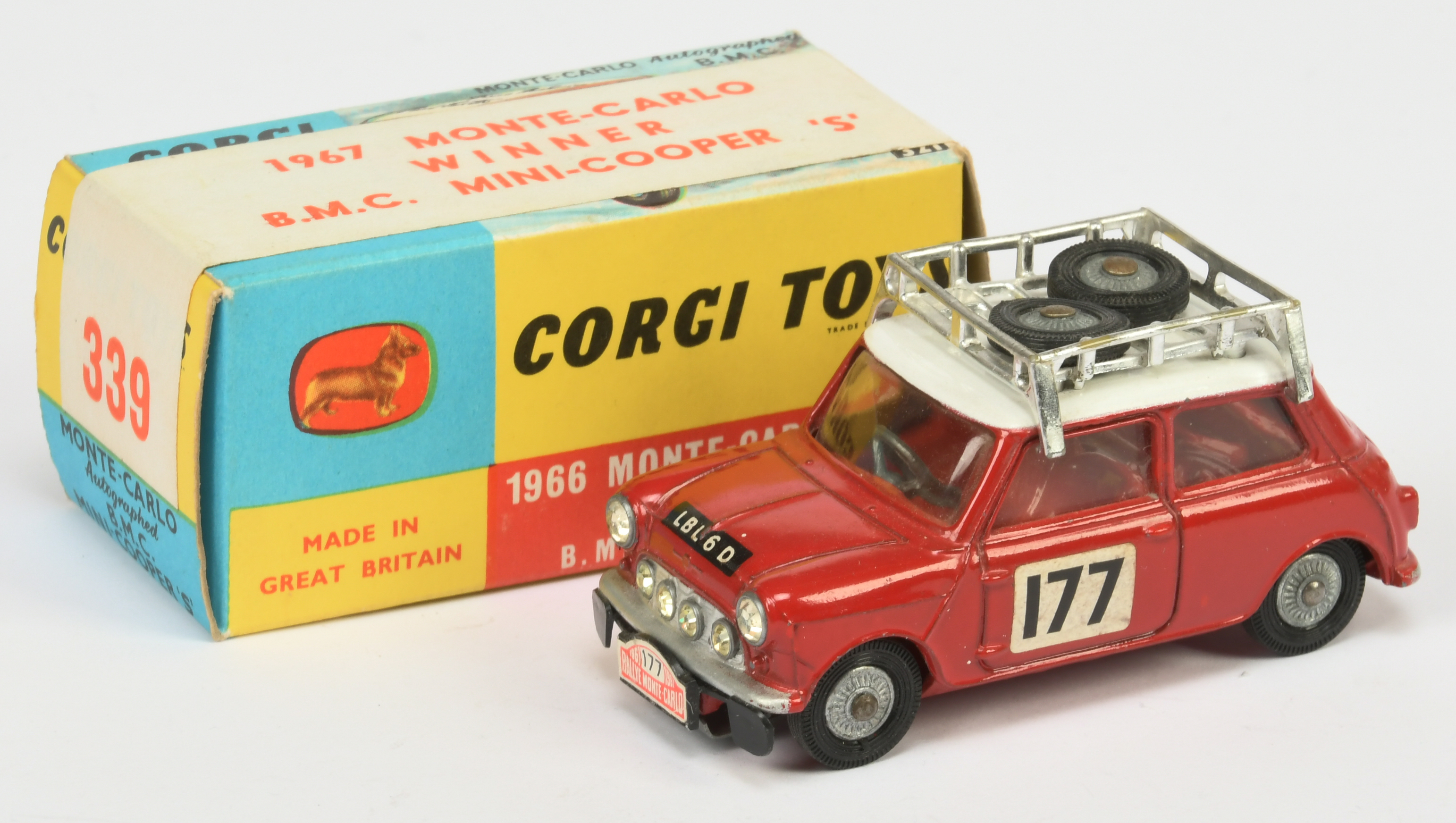 Corgi Toys 339 BMC Mini Cooper S "Rallye Monte Carlo" - Red body and interior, white roof with ch...