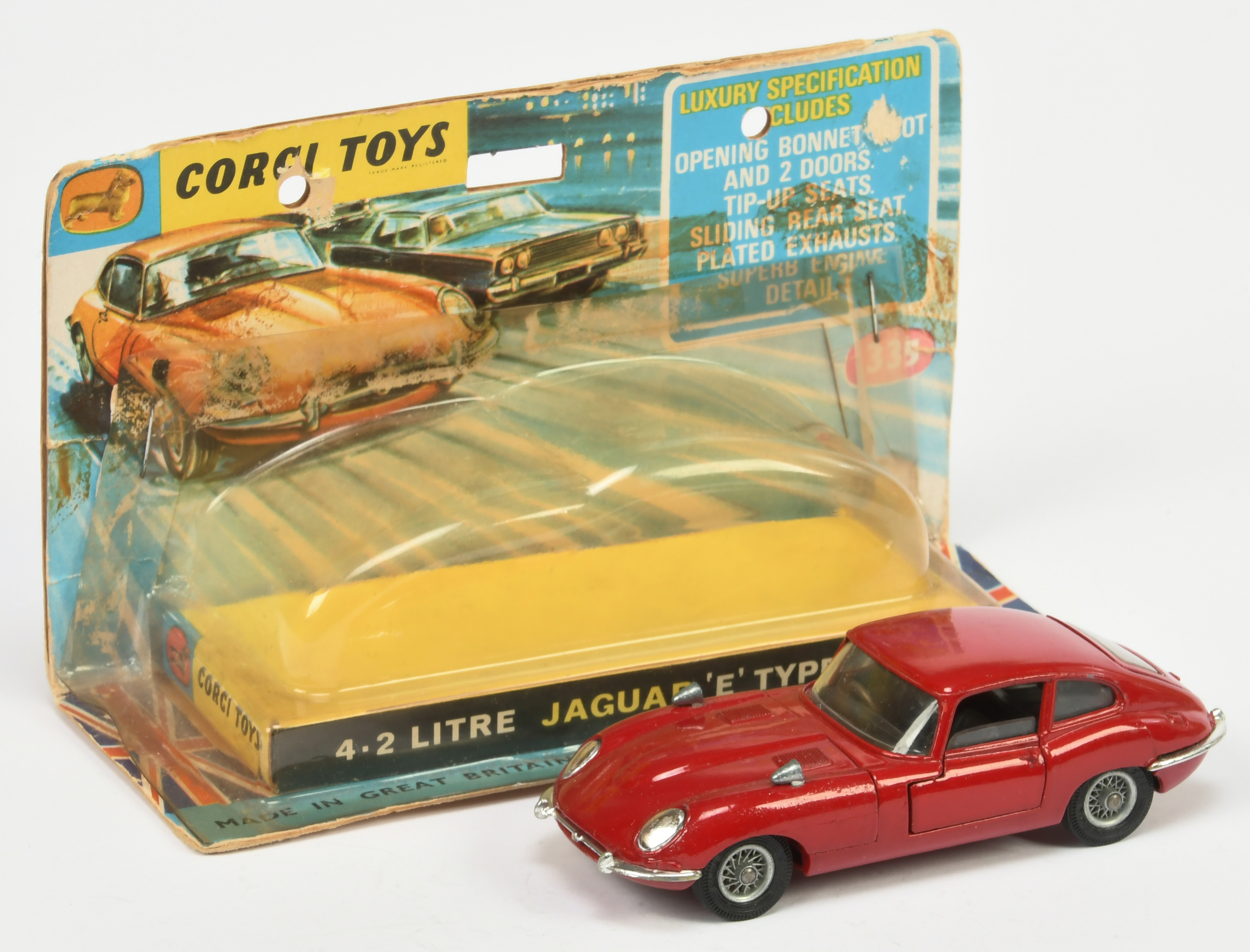 Corgi Toys 335 Jaguar Type E - Red body, black interior, wire wheels - Good plus nice bright example