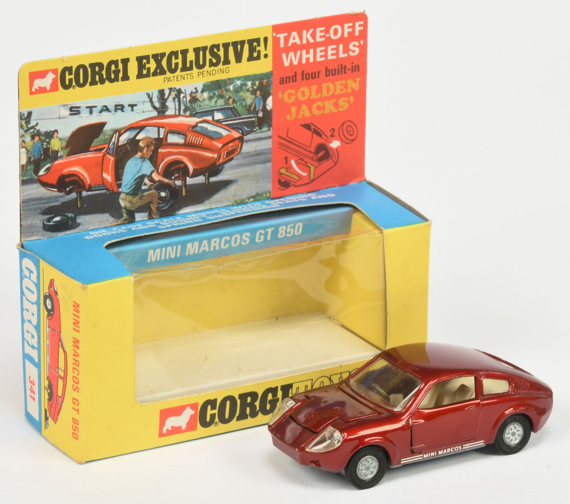 Corgi Toys 341 Marcos 850 GT - Maroon body, ivory interior, "Golden Jacks" Take-Off Wheels