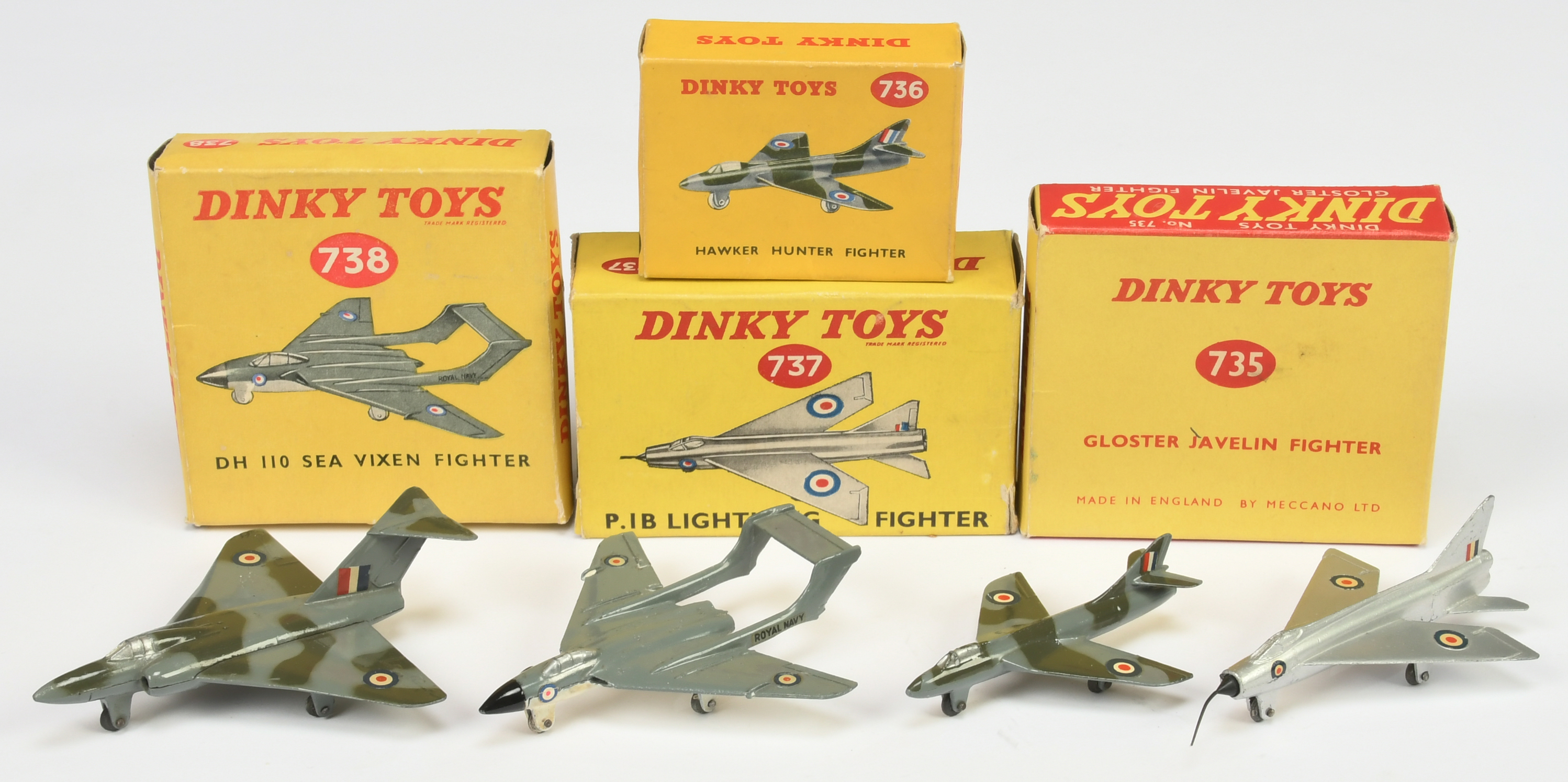 Dinky Toys Aircraft Group Of 3 -(4) 735 Gloster javelin, (2) 736 Hawker hunter Fighter, (3) 737 L...