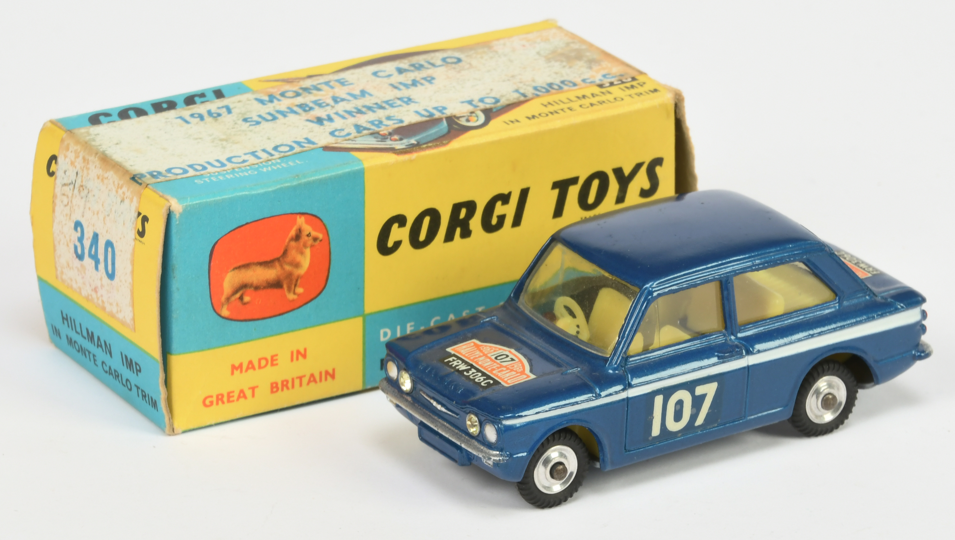 Corgi Toys 340 Sunbeam Imp "Rallye Monte Carlo" - Blue body, white flashes, Ivory interior, silve...