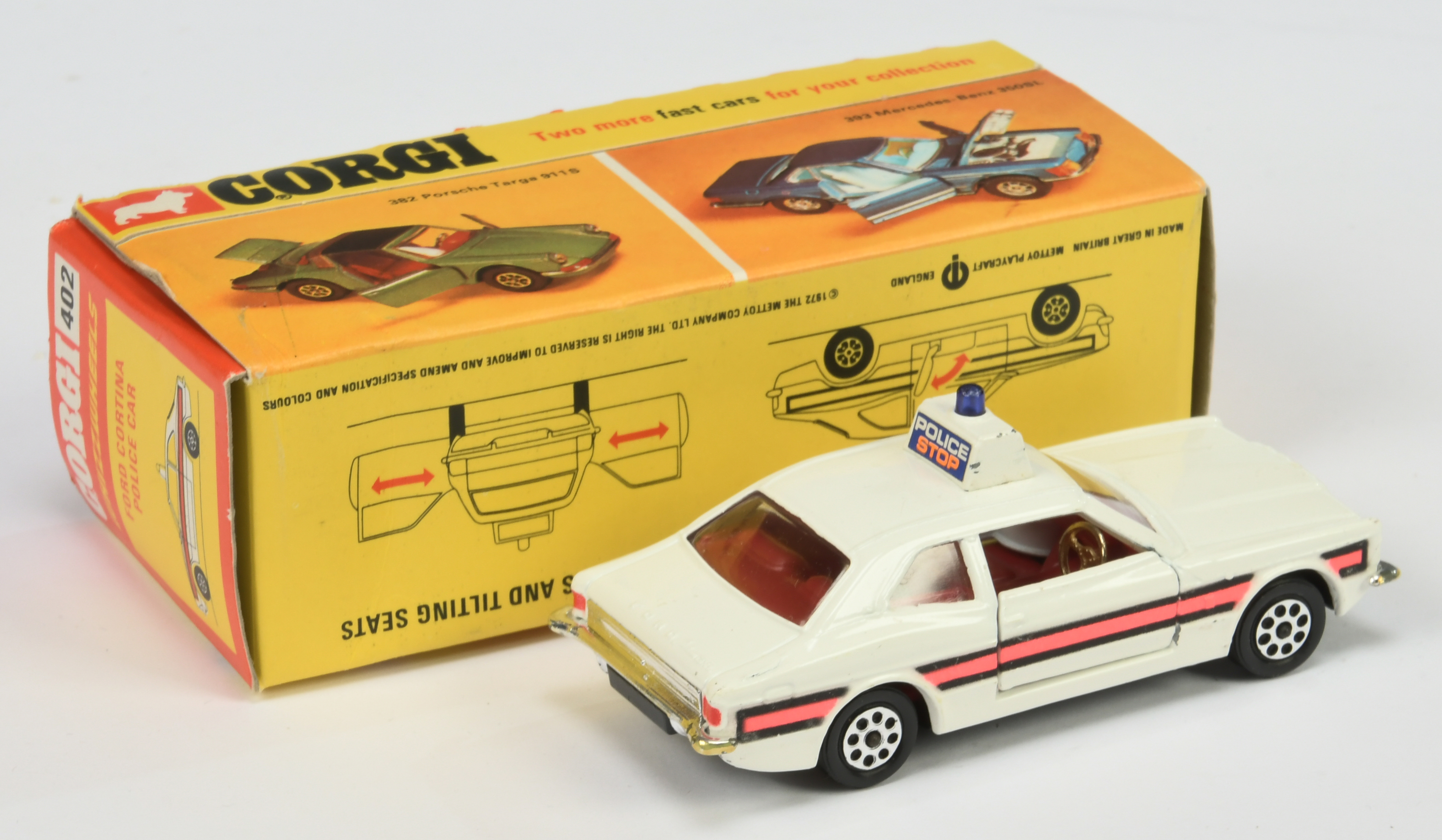 Corgi Toys 402 Ford Cortina "Police" Car - White body, red interior, black base, roof box and lig... - Image 2 of 2