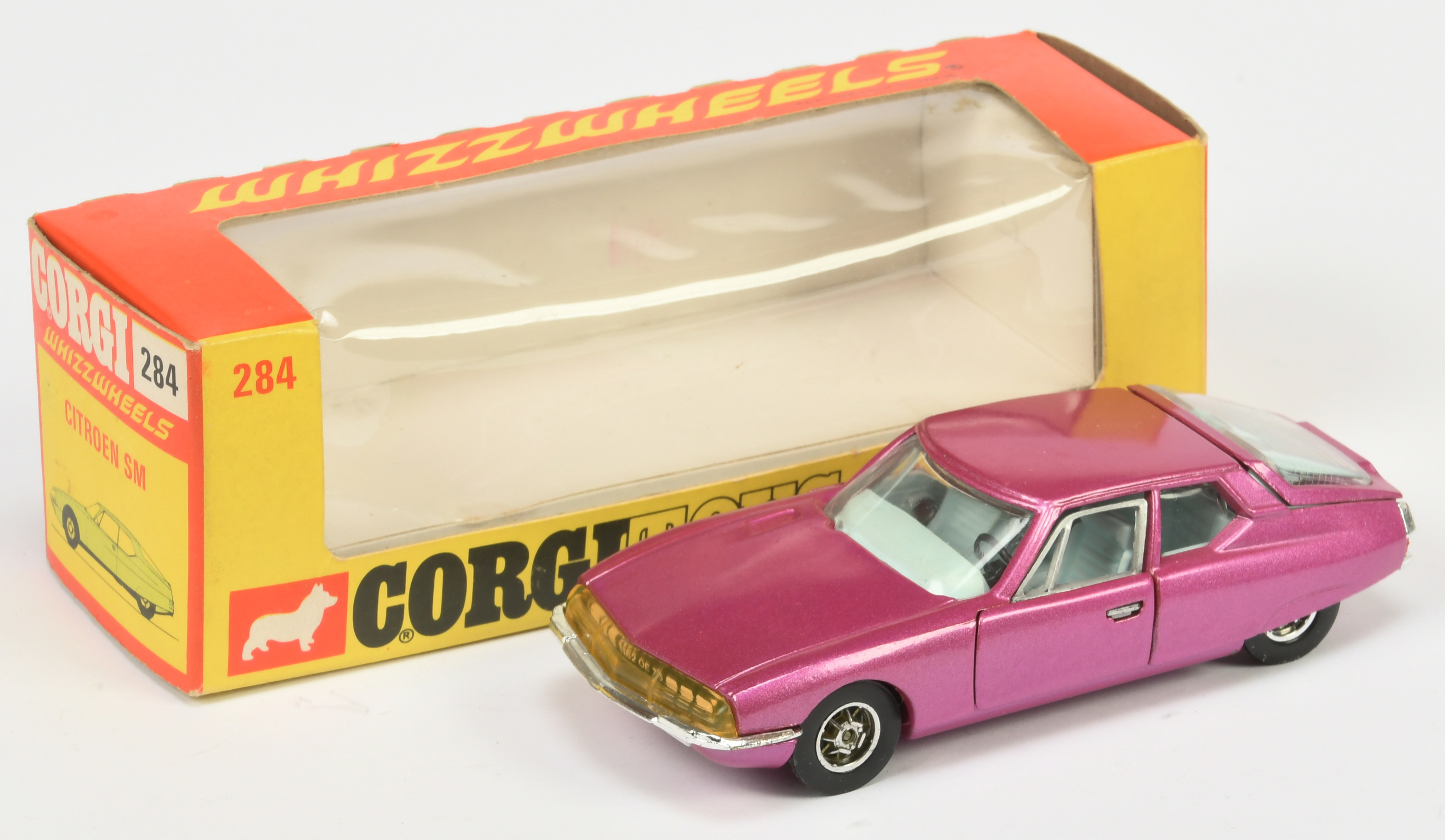 Corgi Toys Whizzwheels 284 Citroen SM - Metallic pink body, pale blue interior, chrome trim, spok...