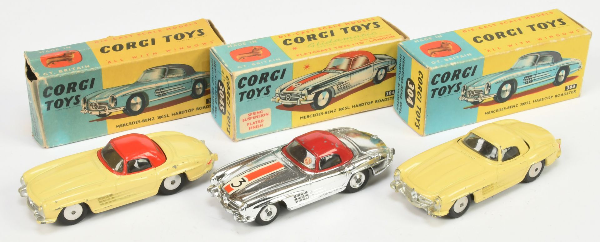 Corgi Toys Mercedes 300SL Hardtop Roadster Group Of 3 - (1) 304 Yellow body, red hood, silver tri...