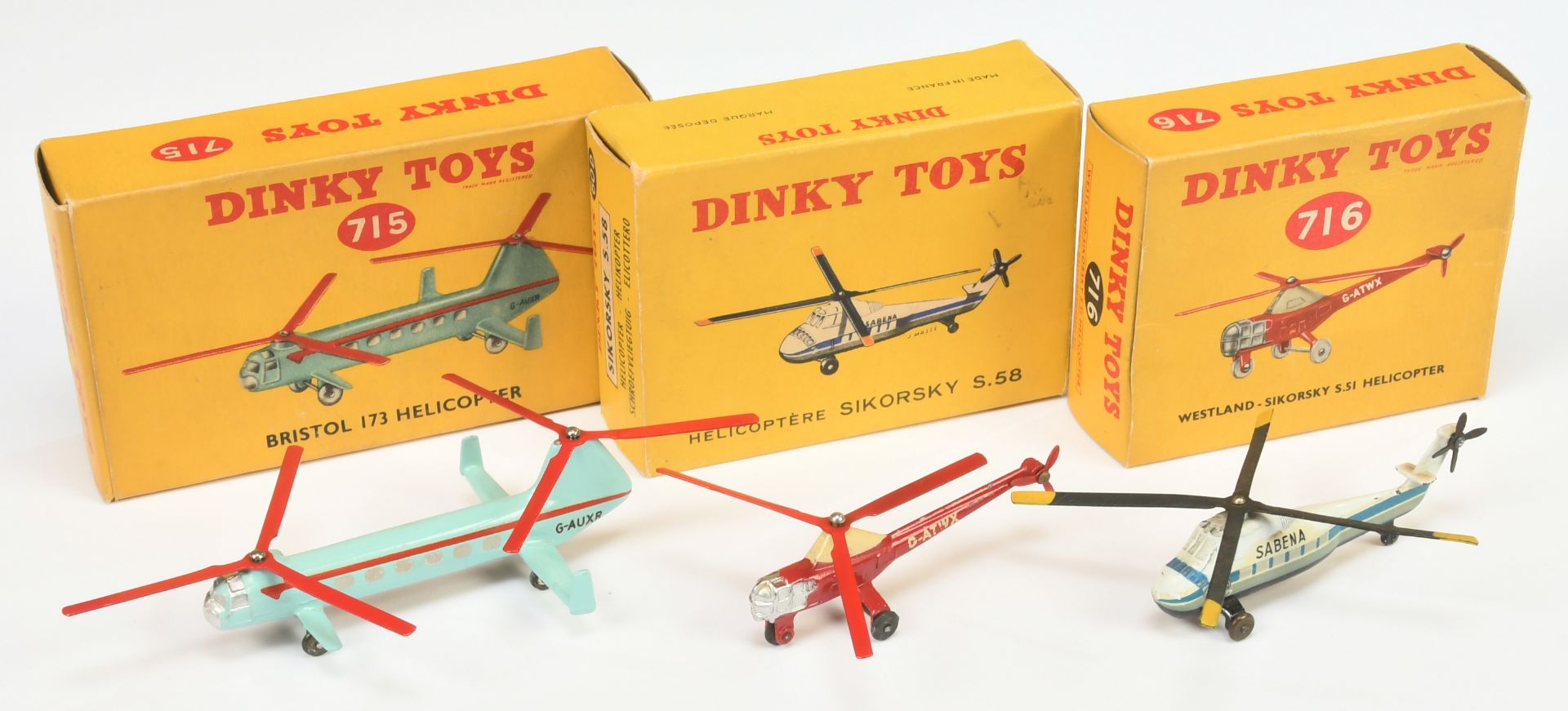 Dinky Toys Helicopter Group Of 3 - (1) 715 Bristol 173 Turquoise and red, (2) 716 Sikorsky - Red ...