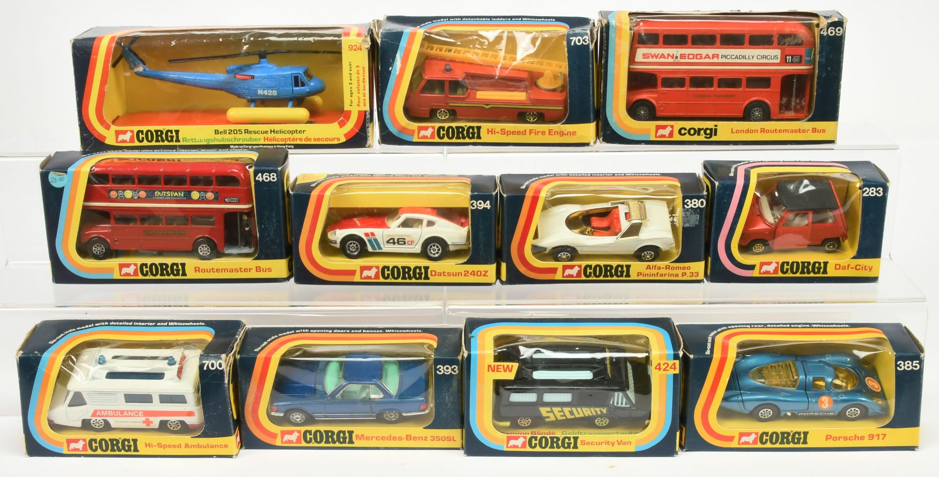 Corgi Toys Group Of 11 To Include - 394 Datsun 240Z, 393 Mercedes 350SL, 700 Hi-Speed "Ambulance"...